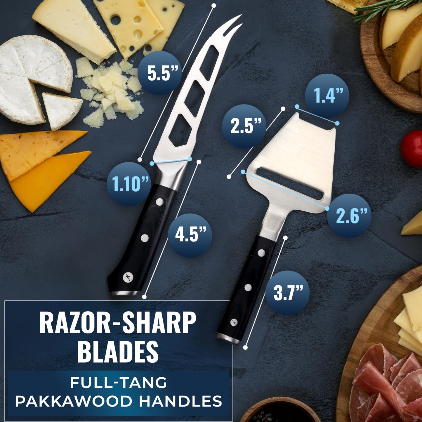 Cutluxe 2-PCS Cheese Knife Set – 5″ Stainless Steel Knife & 3.5″ Slicer for Soft & Hard Cheeses - Sharp Blades, Pronged & Non-Stick, Pakkawood Handles - Cheese Knives For Charcuterie Board