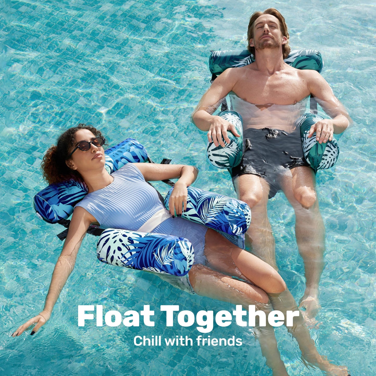 SLOOSH Inflatable Pool Floats Adult,2 Packs Floating Lounge Chairs,Blow up Pool Noodles for Adult Heavy Duty,Floating Chair for Party Summer Water Beach Lake Fun,Tropical Leaves-Green,Blue