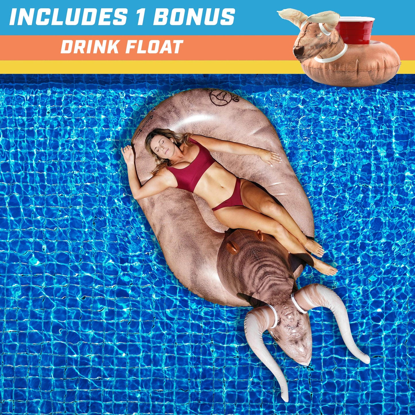 GoFloats Giant Inflatable Buckin' Bull - Grab Summer By The Horns, Includes Drink Float