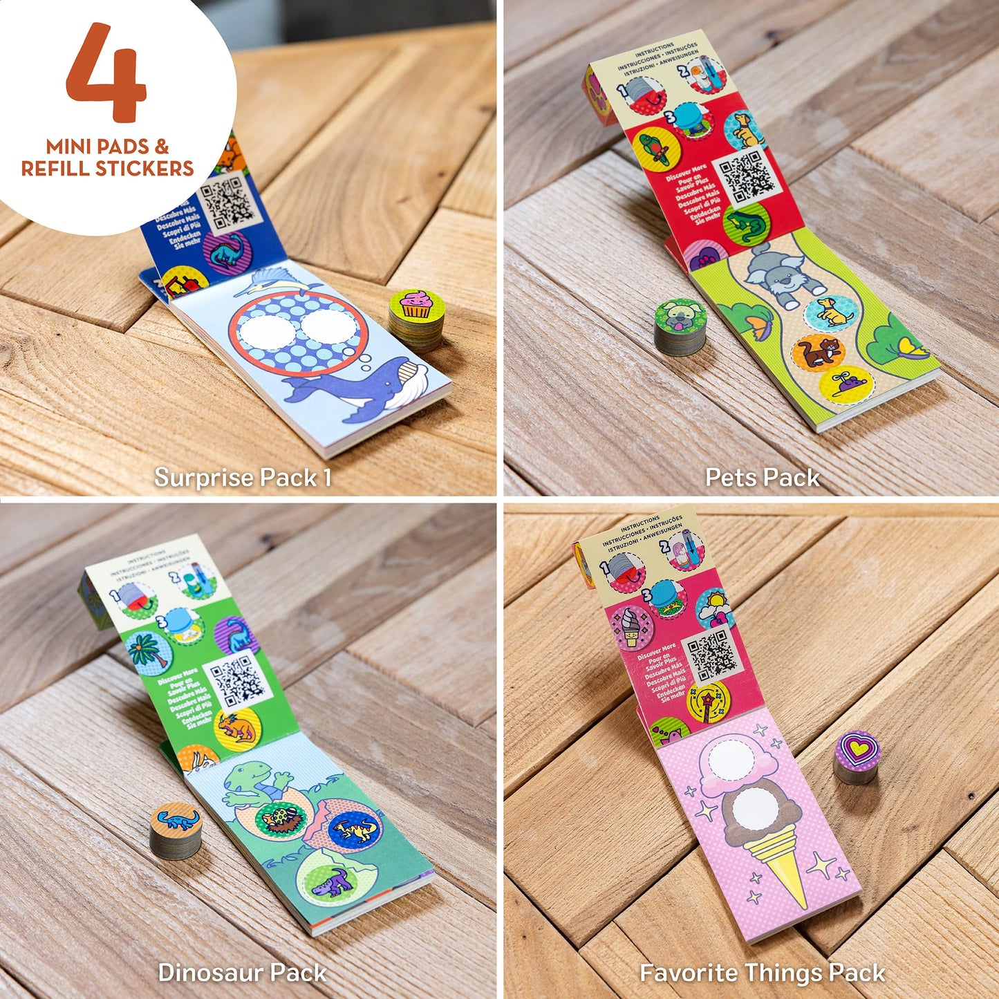 Melissa & Doug Sticker WOW! Mini Activity Pad & Refill Stickers 4-Pack—Dinosaur, Pets, Surprise Pack 1 & Favorite Things—800 Stickers for Sticker Stampers (not included) Arts & Crafts Toys for Kids 3+