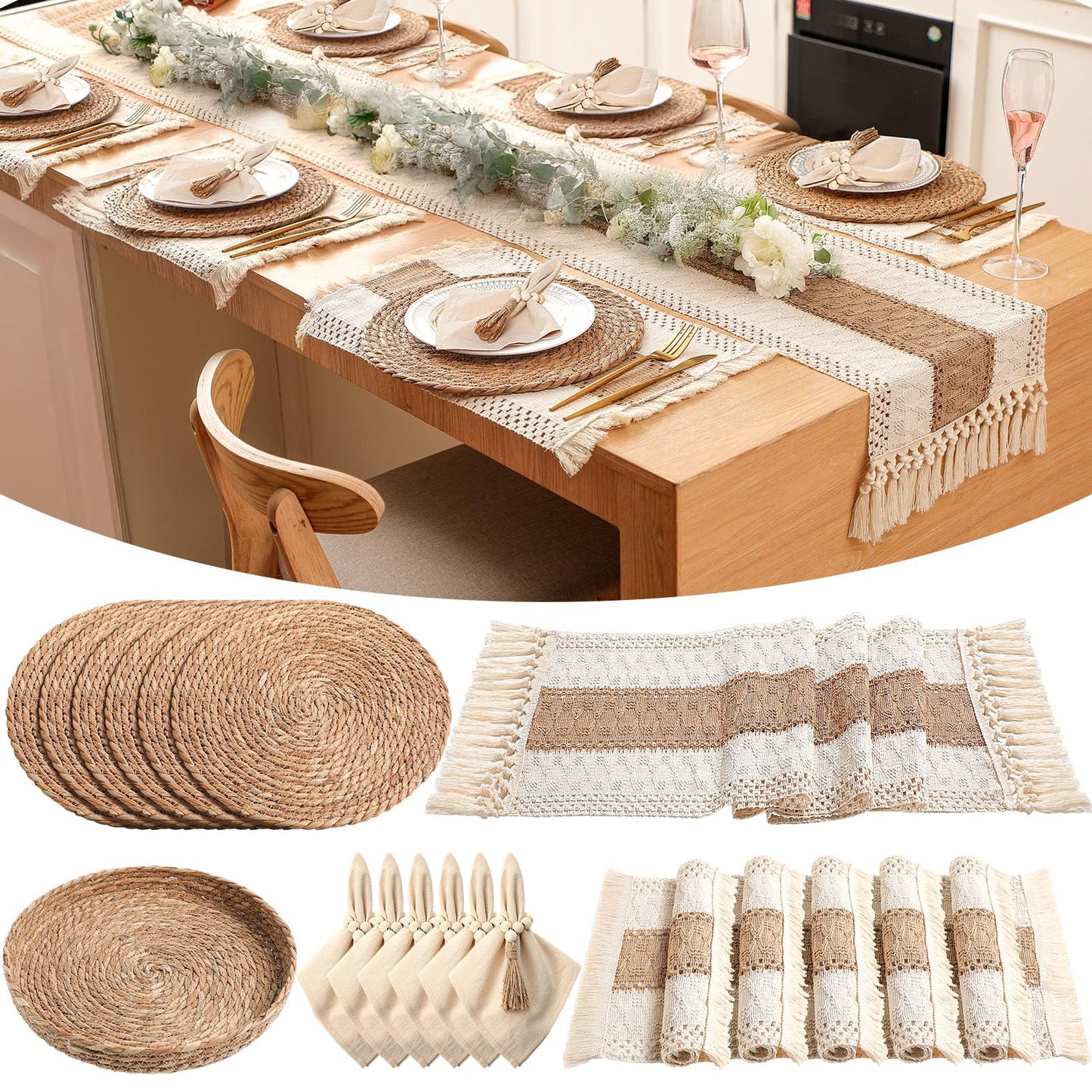 Gandeer 6 Sets Boho Decoration Placemats Round Woven Placemats, Cloth Napkins, Wood Bead Napkin Rings, Long Table Runner and Farmhouse Burlap Cotton for Table Kitchen (Khaki,12x72)