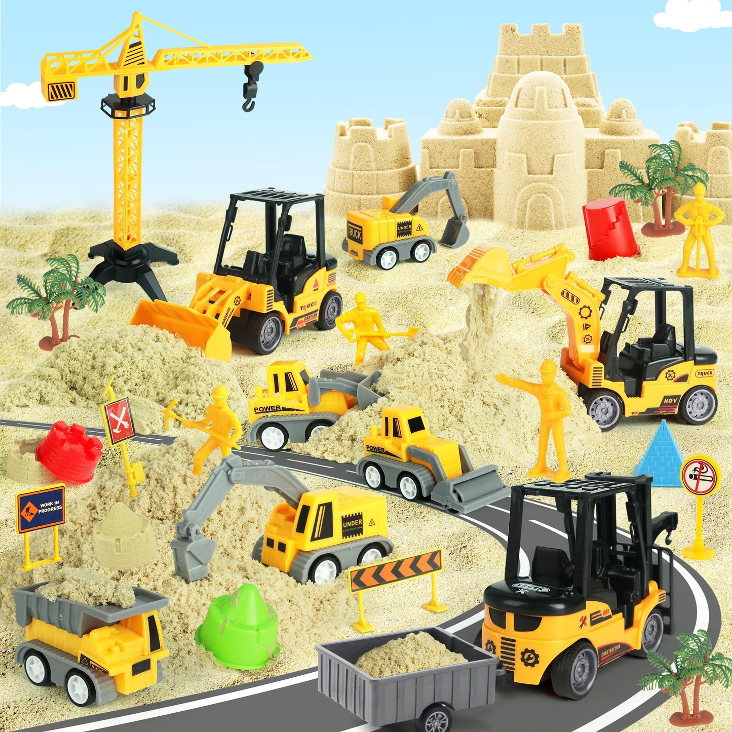 Sand Construction Site Kit - 37 Pcs Play Sand Art Kit with 8 Construction Trucks, Folding Sandbox, 2.2 lbs Magic Sand, Crane, Worker, Road Signs, Molds, Shovel - Ideal Toys for Boys Girls Age 3-8