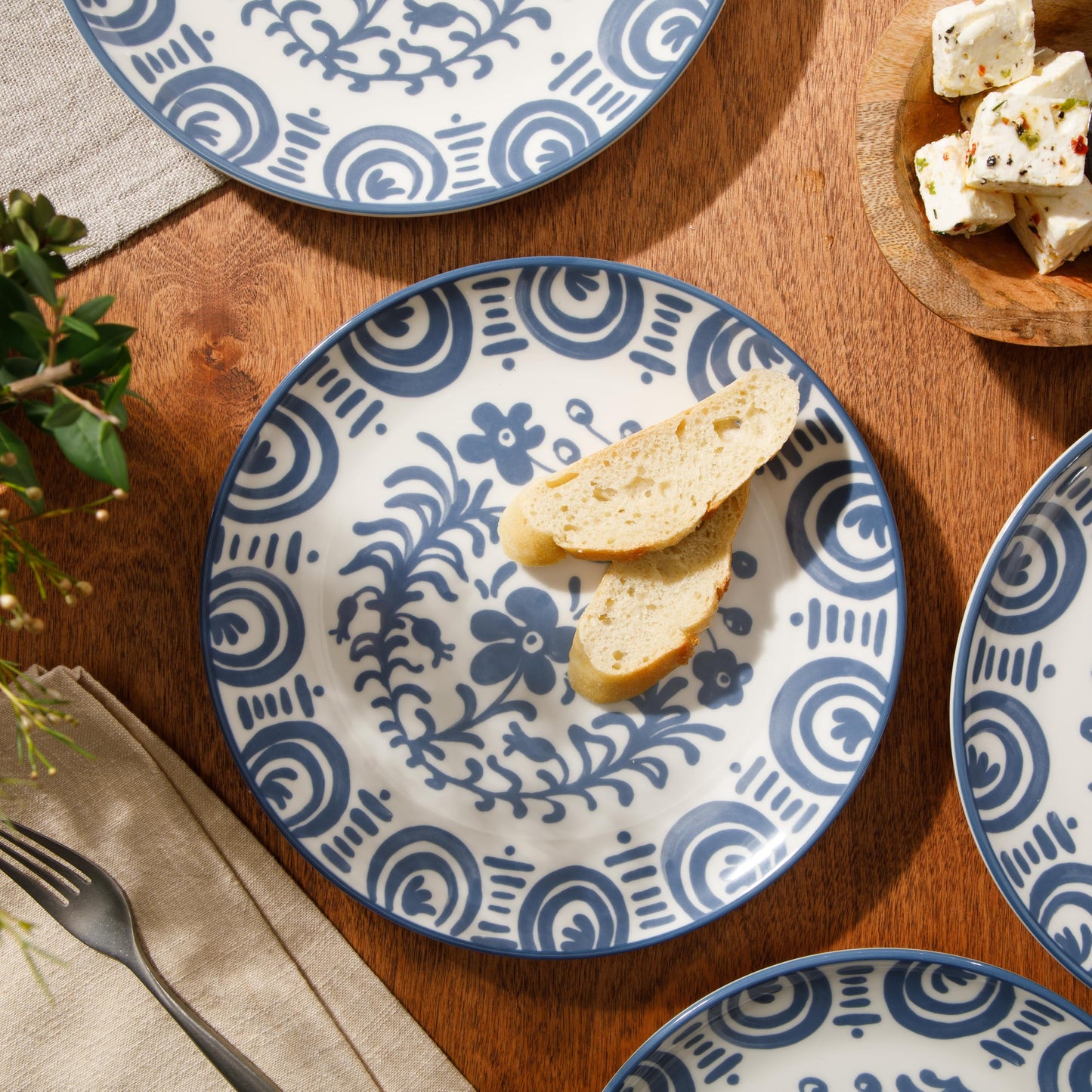 Bloomhouse - 2-Time Oprah’s Favorite Things - Valencia Flor 4 Piece Dessert & Salad Plate Set, 8.75” Stoneware Plates, Mediterranean Floral Decal Design, Microwave & Dishwasher Safe, Iris Blue