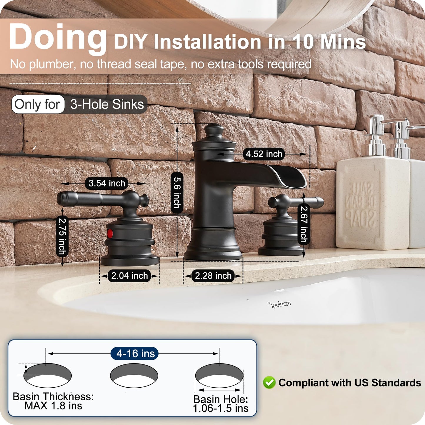 HOIGY Black Waterfall Bathroom Faucet Widespread, Brass Bathroom Faucets for Sink 3 Hole, 4-16 Inch Faucet Bathroom Vanity Faucet with 2 Handles Supply Hoses & Pop-Up Drain for Modern Farmhouse