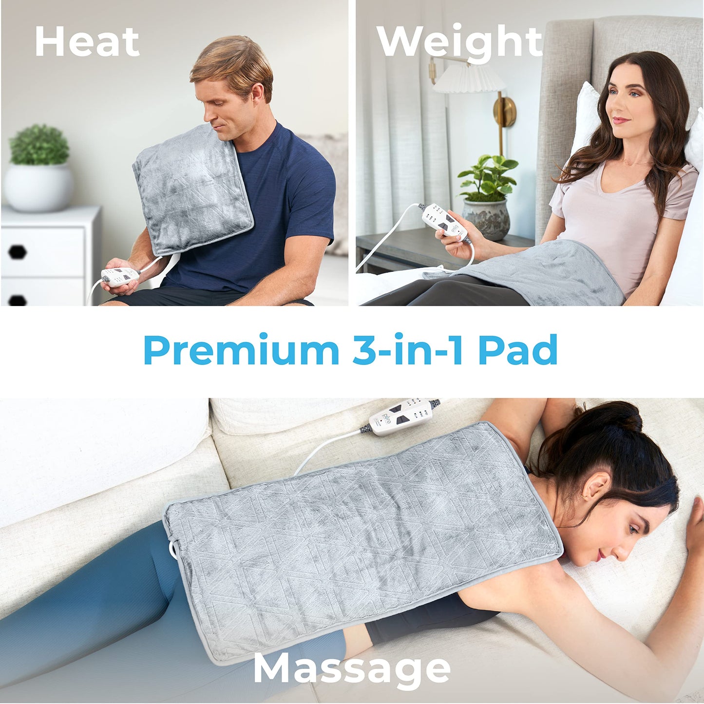 Pure Enrichment WeightedWarmth 3-in-1 Heating Pad - 3 InstaHeat™ Settings, 3 Massage Speeds & 4.1 lbs of Weighted Pressure for Menstrual Cramps, Shoulder, Neck & Back Pain - 12” x 24” (Steel Gray)