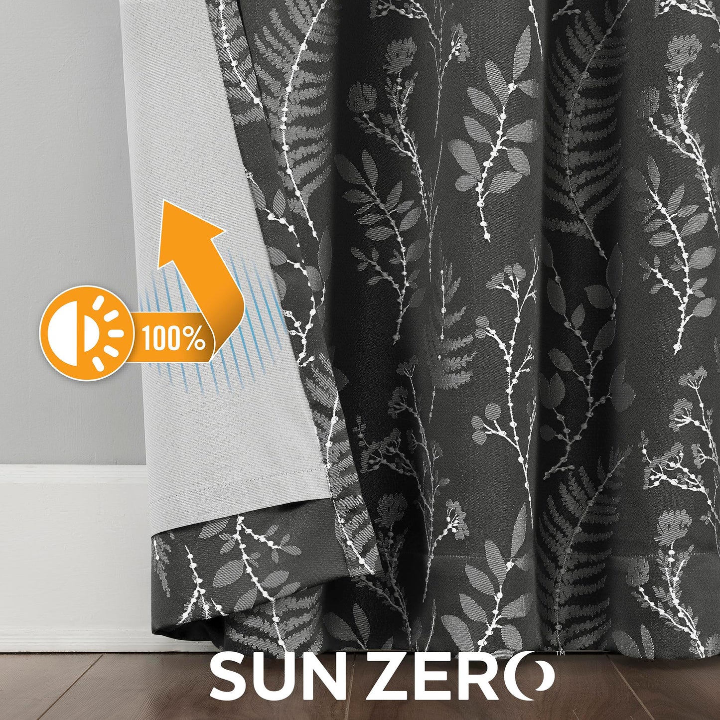 Sun Zero Ambridge 2-Pack Embroidered Botanical Leaf Pleated Look 100% Total Blackout Back Tab/Rod Pocket Curtain Panel Pair, Steel Gray, 50" W x 84" L (2 Panels)