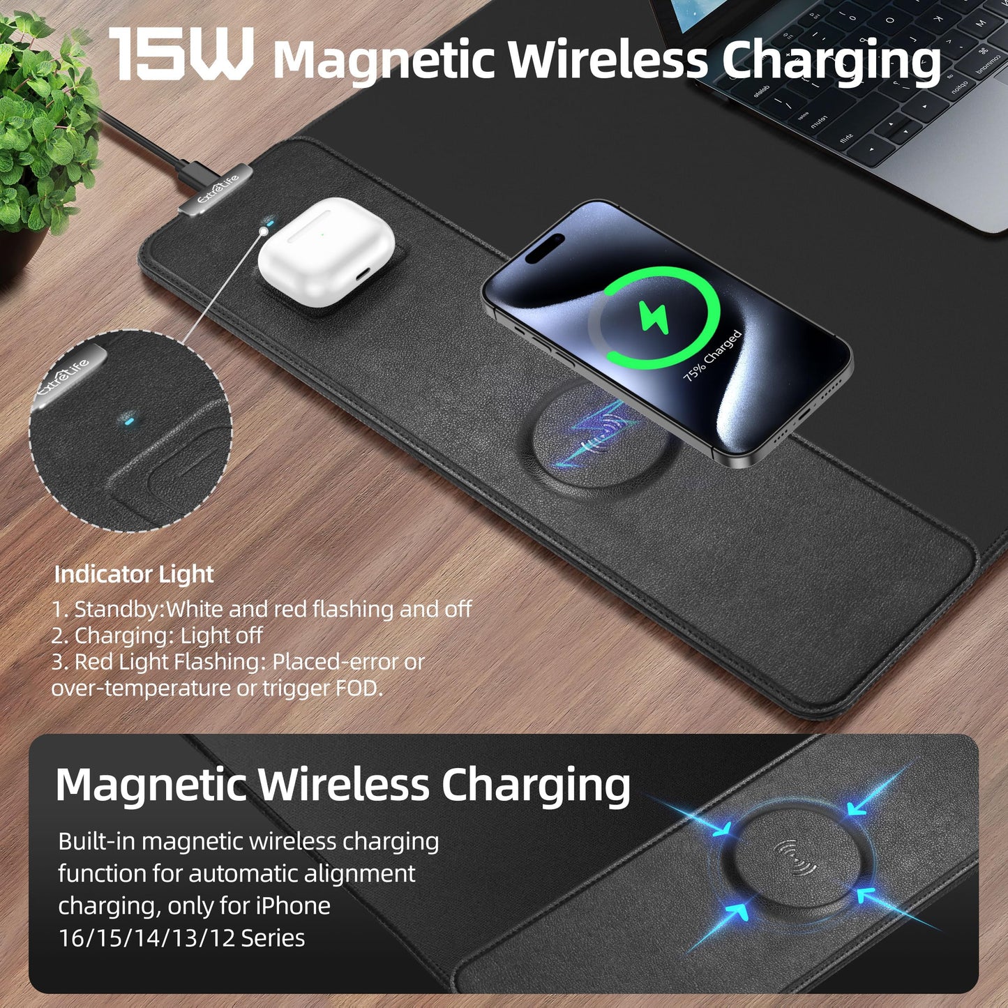 Mouse Pad with Wireless Charging, Gaming Mouse Pad with Ultra-Smooth Surface, Large XXL Desk Mat, Non-Slip Mouse Mat, Waterproof Computer Keyboard Pad for Gaming, Desk, Office, PC, 800x400x4MM, Black