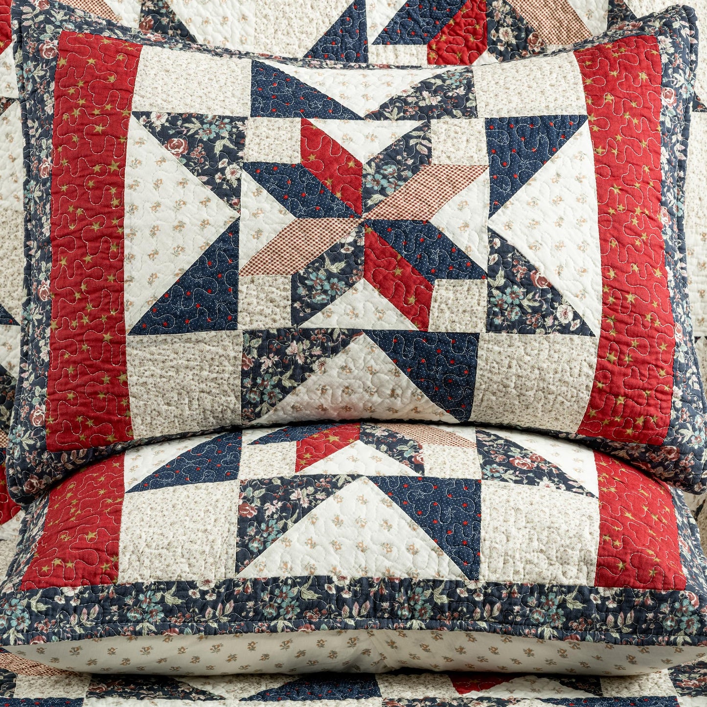 NIUDÉCOR HOME Star Patchwork Quilt Set King Size Country Comforter 100% Cotton Reversible Breathable Geometric Quilted Bedspread with 2 Pillow Shams +1 Throw Pillow Cover