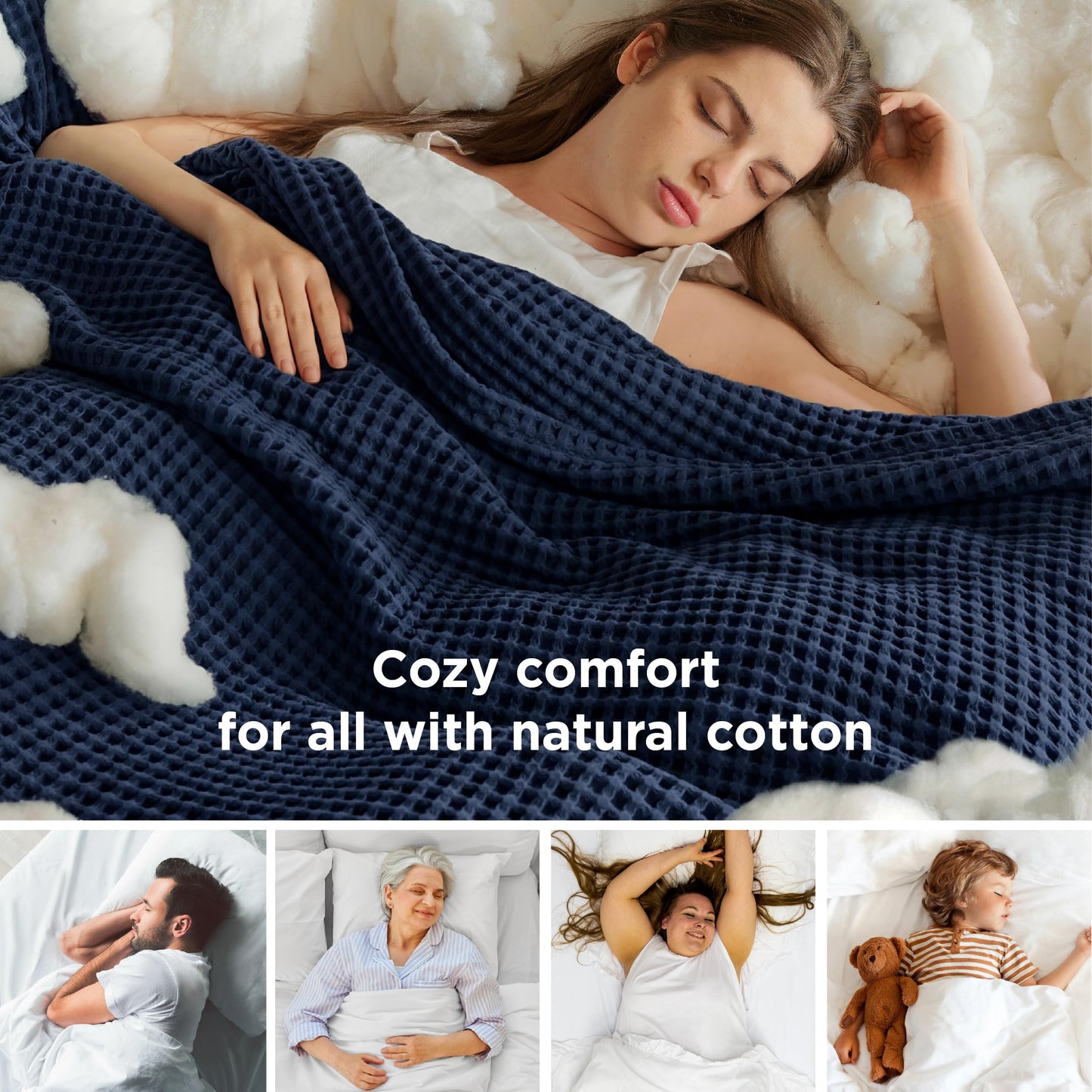 Bedsure 100% Cotton Blanket Queen Size for Spring Summer, Waffle Weave Thin Lightweight Breathable Blanket for Bed, Cotton Bedding Room Decor Gifts for Women, Men, Navy Blue, 90" x 90"