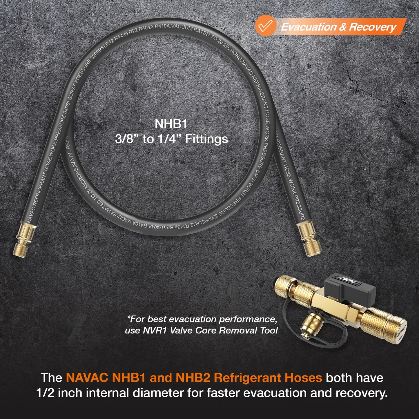 NAVAC NHB1 High-Flow Refrigerant Hose - 3/8" to 1/4" Fittings | 6 Feet Length - 1/2" Internal Diameter - Faster HVAC Evacuation and Recovery - 20 Microns Vacuum
