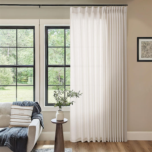 Cream Patio Sliding Door Curtains 100 Width 102 Inches Long Pinch Pleated Curtain Drape with Hooks Rings Light Filtering Semi Sheer Extra Wide 100x102 Drapes Panel for Living Dining Room Ivory Birch