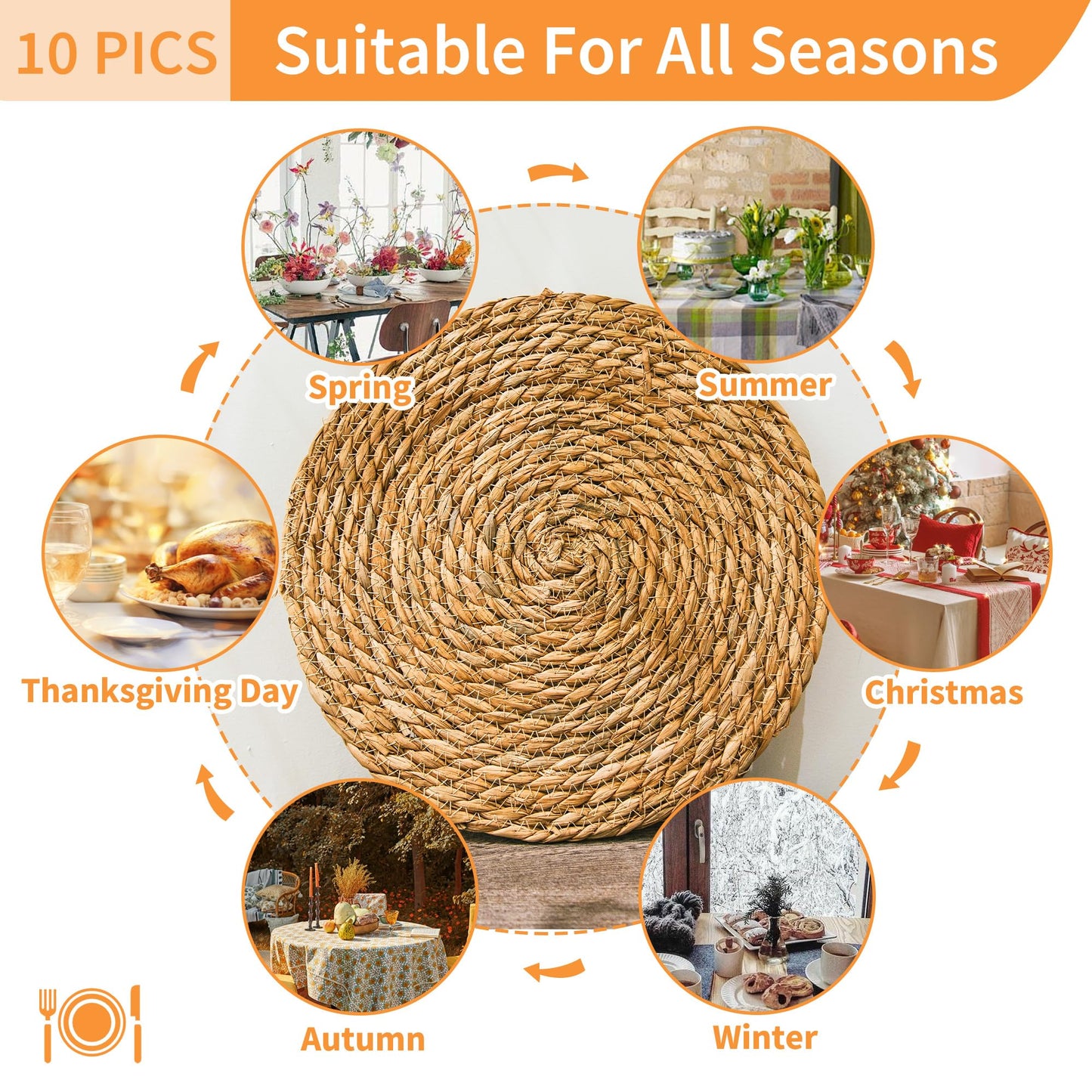Defined Deco Woven Placemats Set of 10, 13.5" Round Rattan Placemats, Natural Hand-Woven Water Hyacinth, Farmhouse Weave Rustic Braided Wicker Table Mats for Dining Table, Home, Wedding