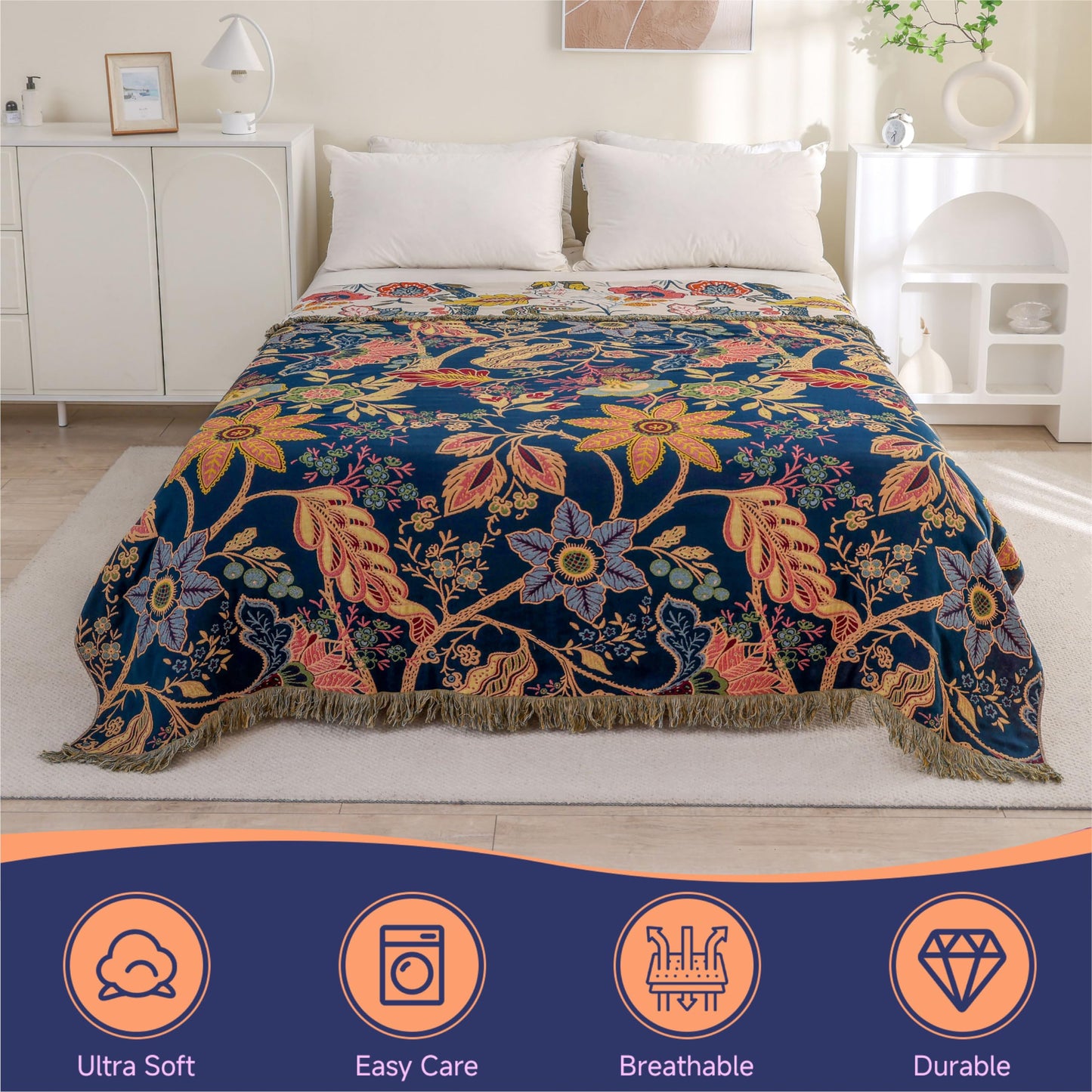 STASOPTK Boho Cotton Throw Blanket - Ultra-Soft Rustic Quilt for Bed, Home Decor & Travel - Large 90"x98" Muslin Blanket - All-Season Lightweight Bedspread & Throw for Women & Moms
