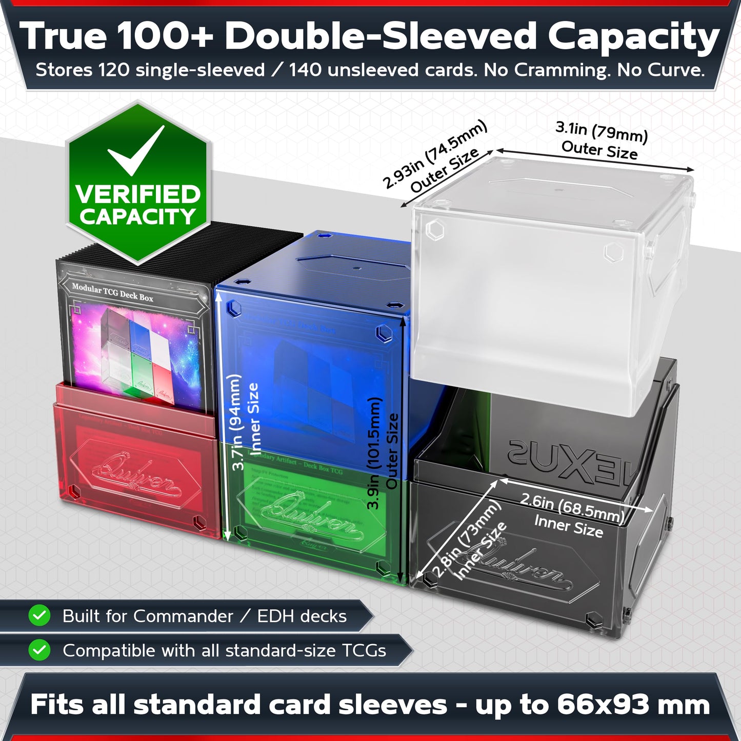 Quiver Time 360° Modular Nexus DeckBlock - Durable Stackable MTG Deck Box for Commander fits 100+ Cards | Stylish 100 Card Deck Box MTG | Interchangeable TCG Decks Boxes (6 pcs, WUBRG + Clear)