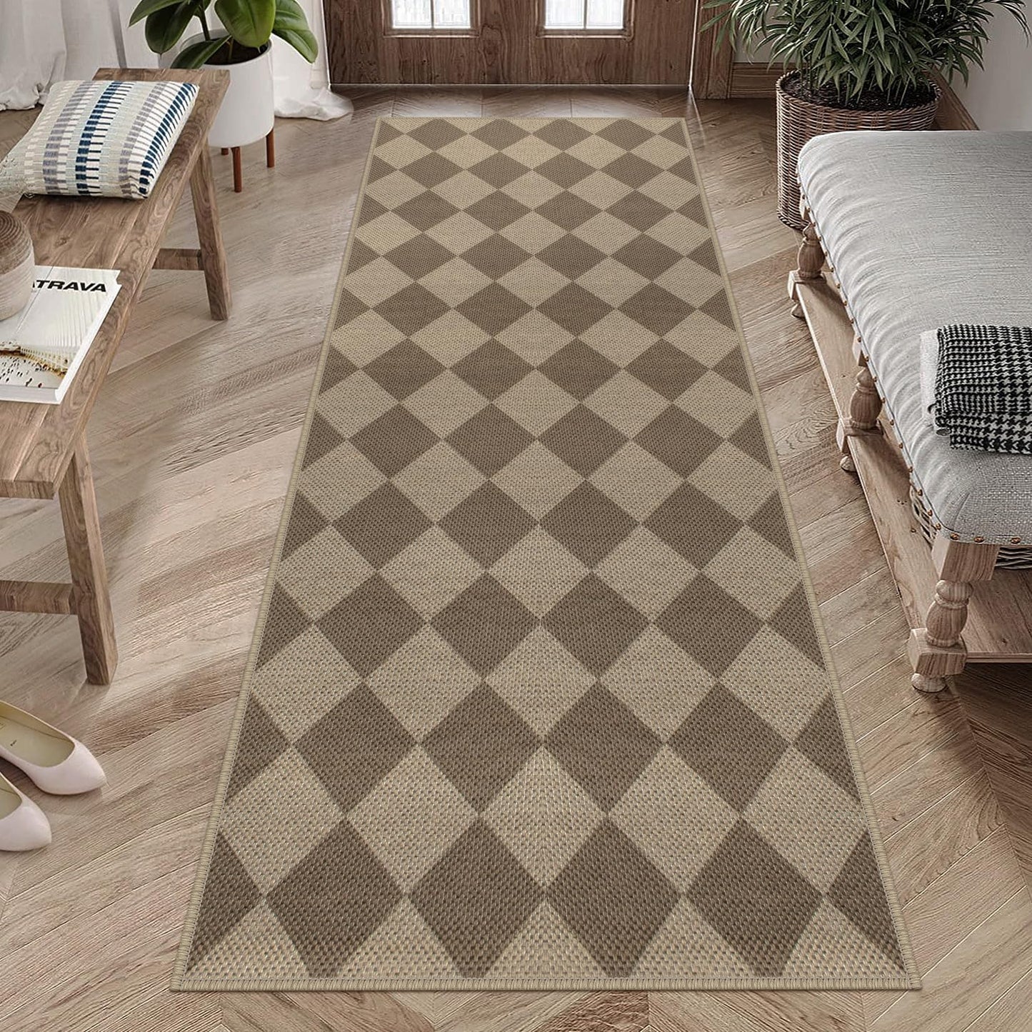 Rugalia Easy Jute Checkered Runner Rug, 2.6x8 Brown Modern Washable Rugs Runner for Hallway Non-Slip Kitchen Runner Rug, Geometric Diamond Indoor Outdoor Carpet for Porch Laundry Entryway
