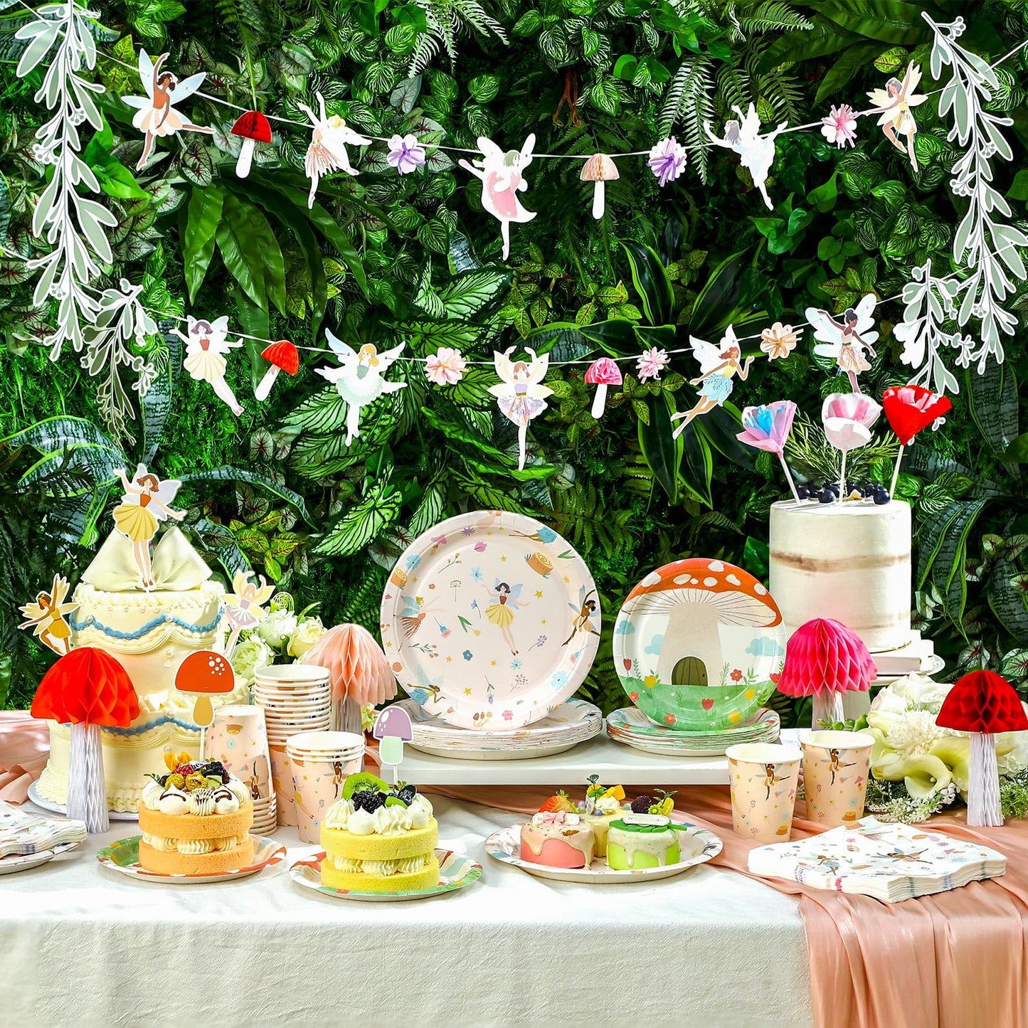 Honeydak 132 Pcs Fairy Party Supplies Decorations Include Fairy Disposable Floral Paper Plates Napkins Teacups Garland Banner Cake Topper and Honeycomb Mushroom for Spring Ballet Forest Birthday Party