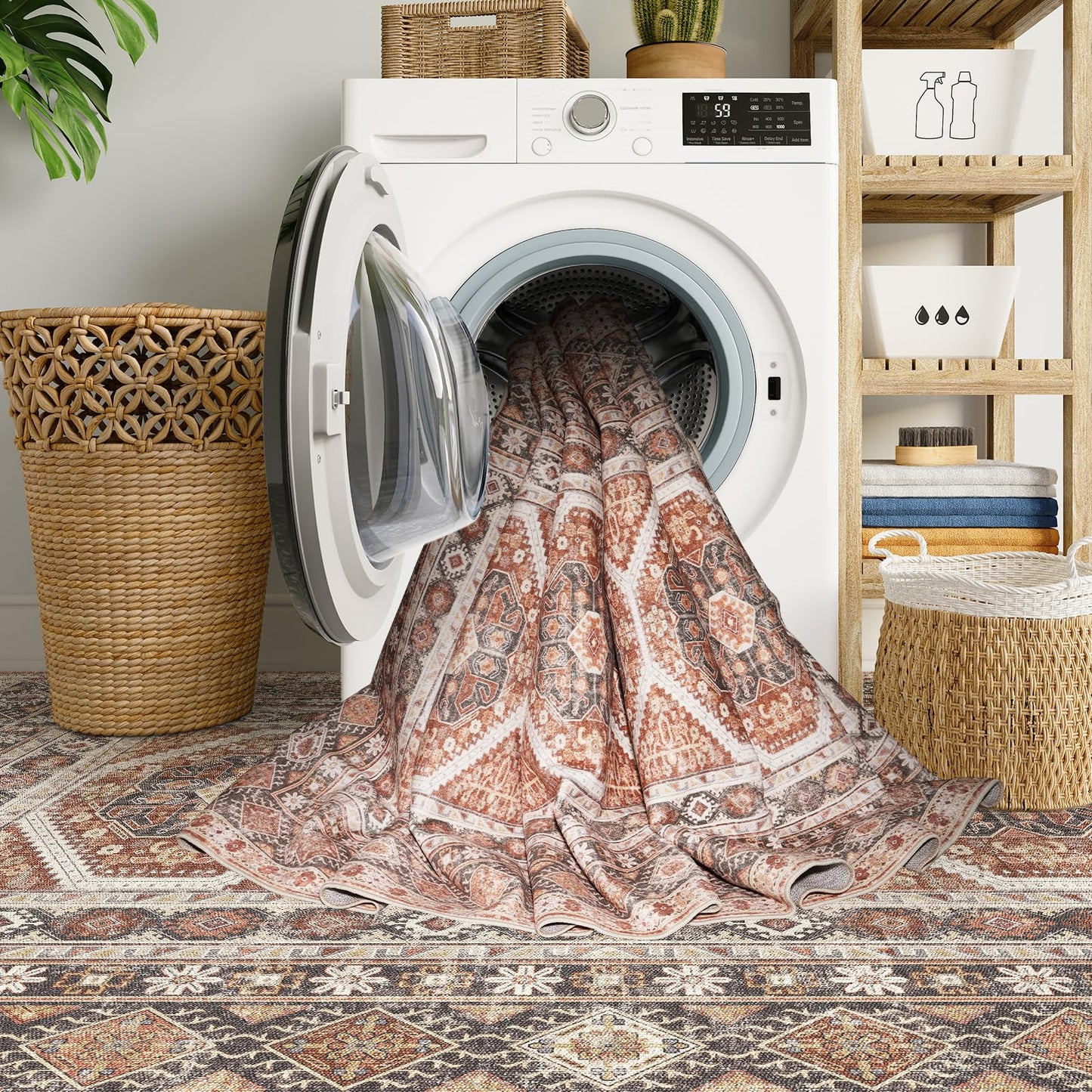 3x8 Runner Rug Kitchen Washable: Oriental Indoor Hallway Runners with Non Slip Backing Floor Mat for Entryway Door Low Pile Thin Carpet for Bedroom Bathroom Living Room Bedside Brick