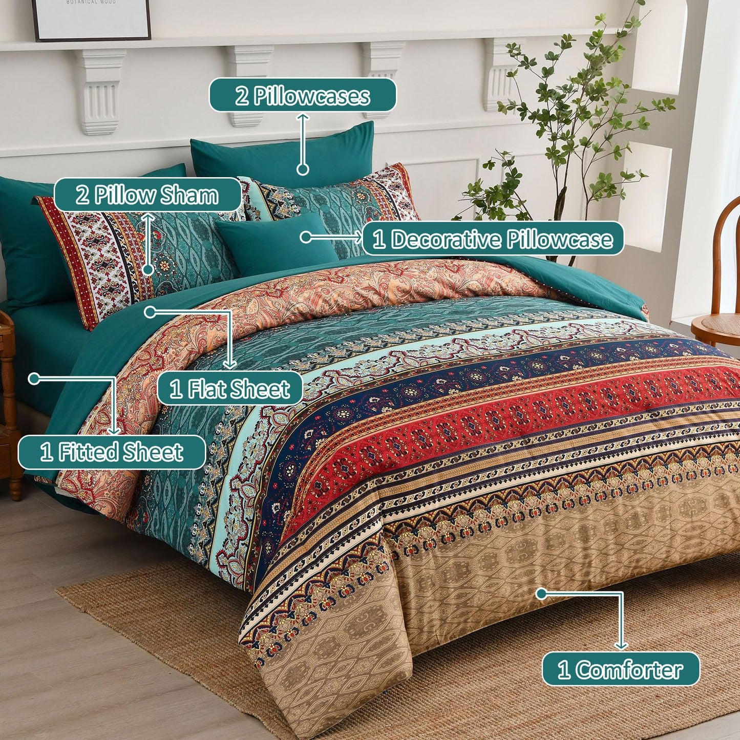 Cottolester Boho Queen Size Comforter Set 8 Pieces,Green and Brown Bohemian Striped Bed in a Bag,Floral Soft Microfiber Bedding Comforter Set