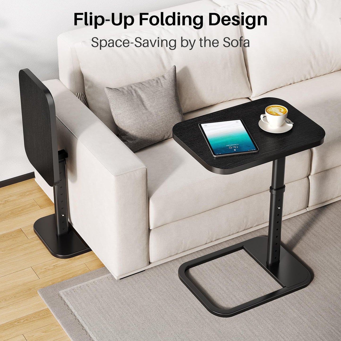 Branwick Adjustable Height TV Tray Table for Couch Eating & Small Spaces, Flip-Top Sofa Side Table with Safe Rounded Corners for Living Room, Bedroom & Apartment, Portable Laptop Snack Table, Black
