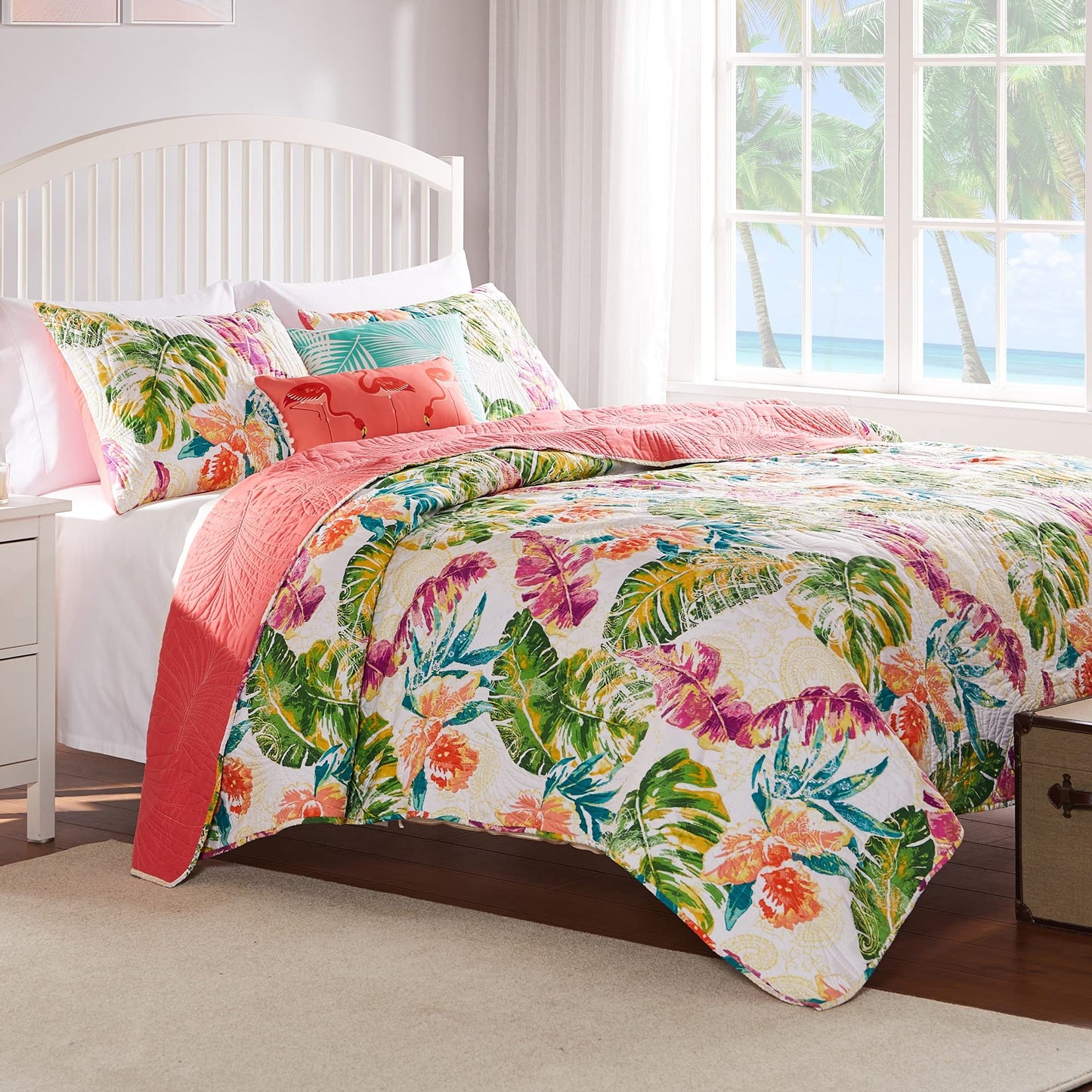 Greenland Home Tropics Palm Leaves Coastal Cotton Blend Quilt Set, 3-Piece King/Cal King, Coral