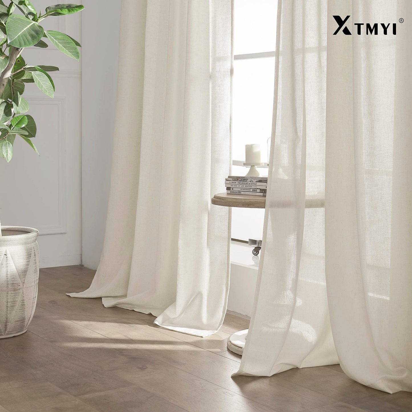 108 Inch Linen Curtains 2 Panels,With Heading Tape Hooks for Track System Back Tab,Stone Washed Cotton Flax Weave Sheer Extra Long Curtain for Living Room Bedroom,9FT 9 FT,Cream(Ivory/Off White)