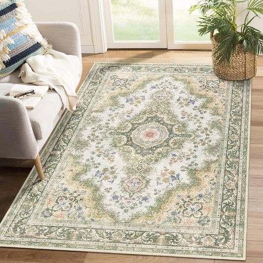 Castage Green Rug 4'x6.5',Washable Area Rugs for Bedroom Living Room Kitchen Entryway Bedside,Small Boho Vintage Bohemian Distressed Oriental Non Slip Carpet,Sage Floral