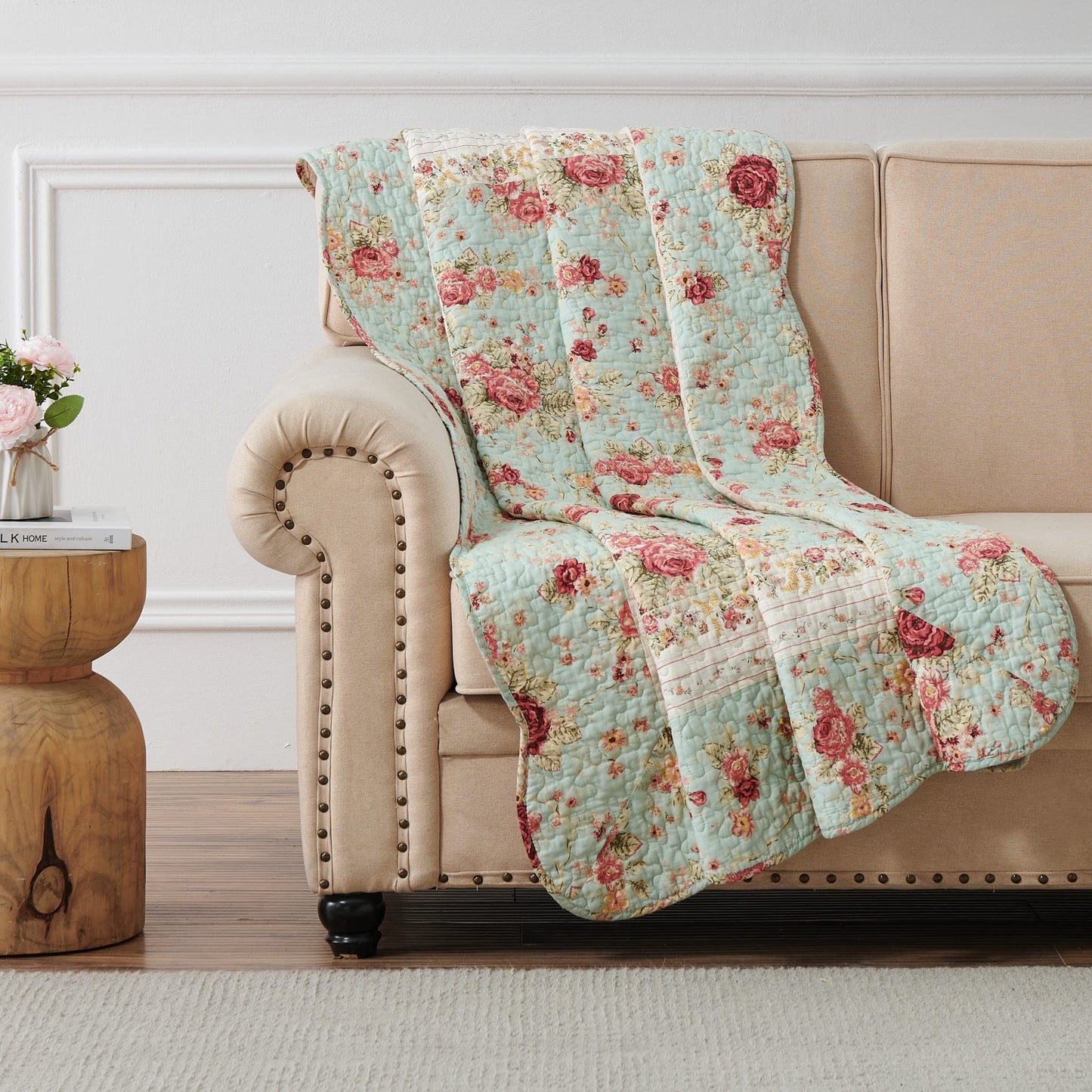 Greenland Home Fashions Antique Rose - Classic Traditional Floral - 100% Cotton Quilted Throw Blanket, 50 x 60 inches, Blue