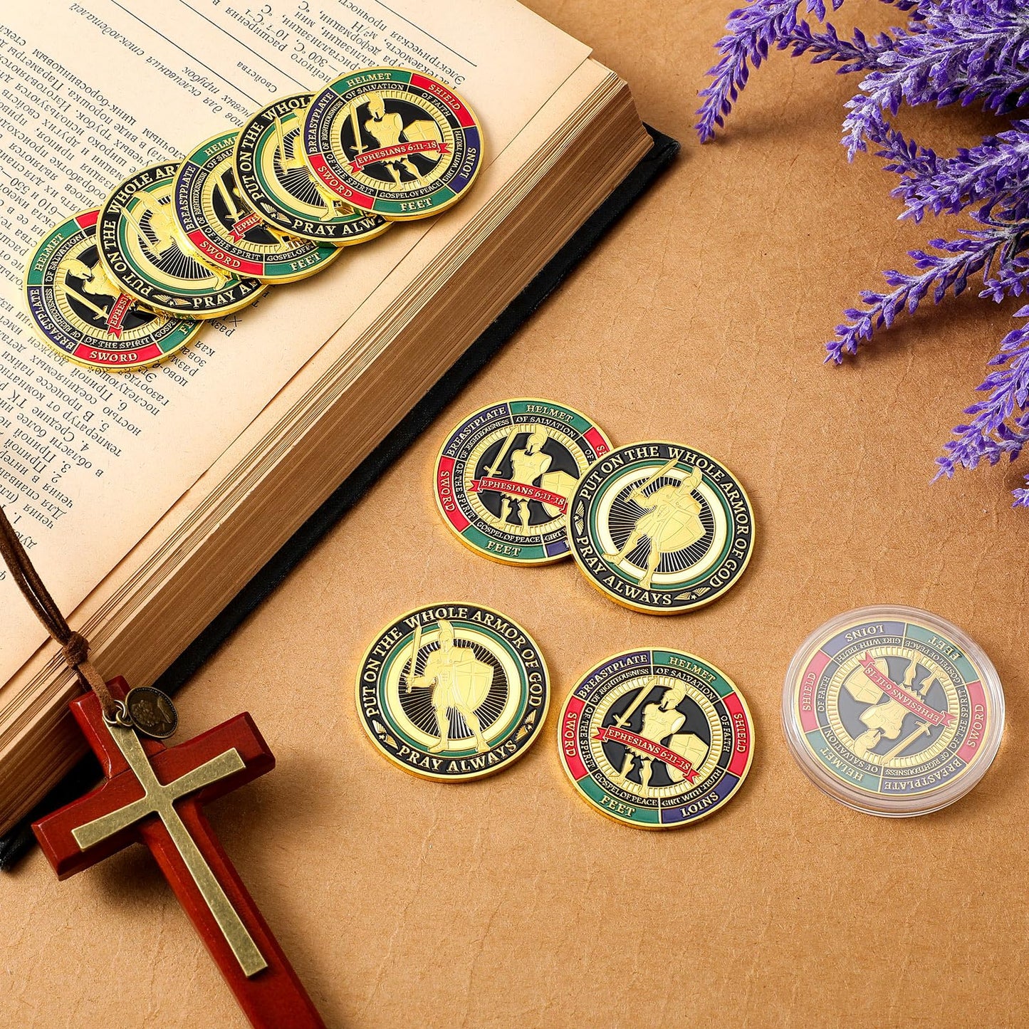 Nosiny 40 Pcs Put on The Whole Armor of God Coins Bulk Christian Challenge Coins Metal Commemorative Prayer Gifts for Men Collectors, Religious Church Party Military Souvenir(Vivid)