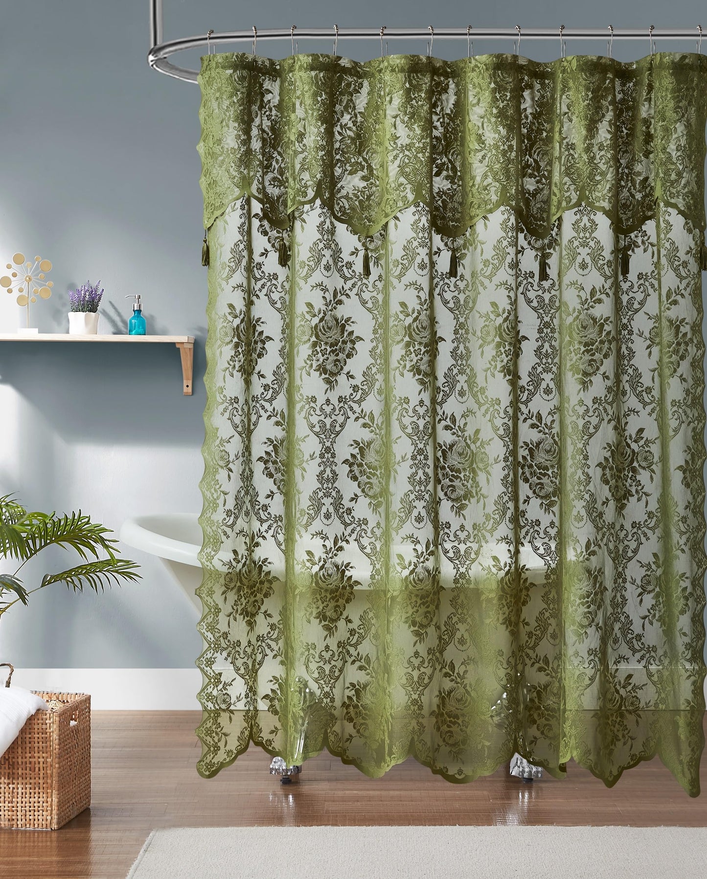 Warm Home Designs Sage Green Lace Shower Curtain 72 x 72 with Attached Valance & 7 Tassels. Luxury Farmhouse Shower Curtains for The Bathroom or Boho Shower Curtains for Bathroom. LA Sage 72"