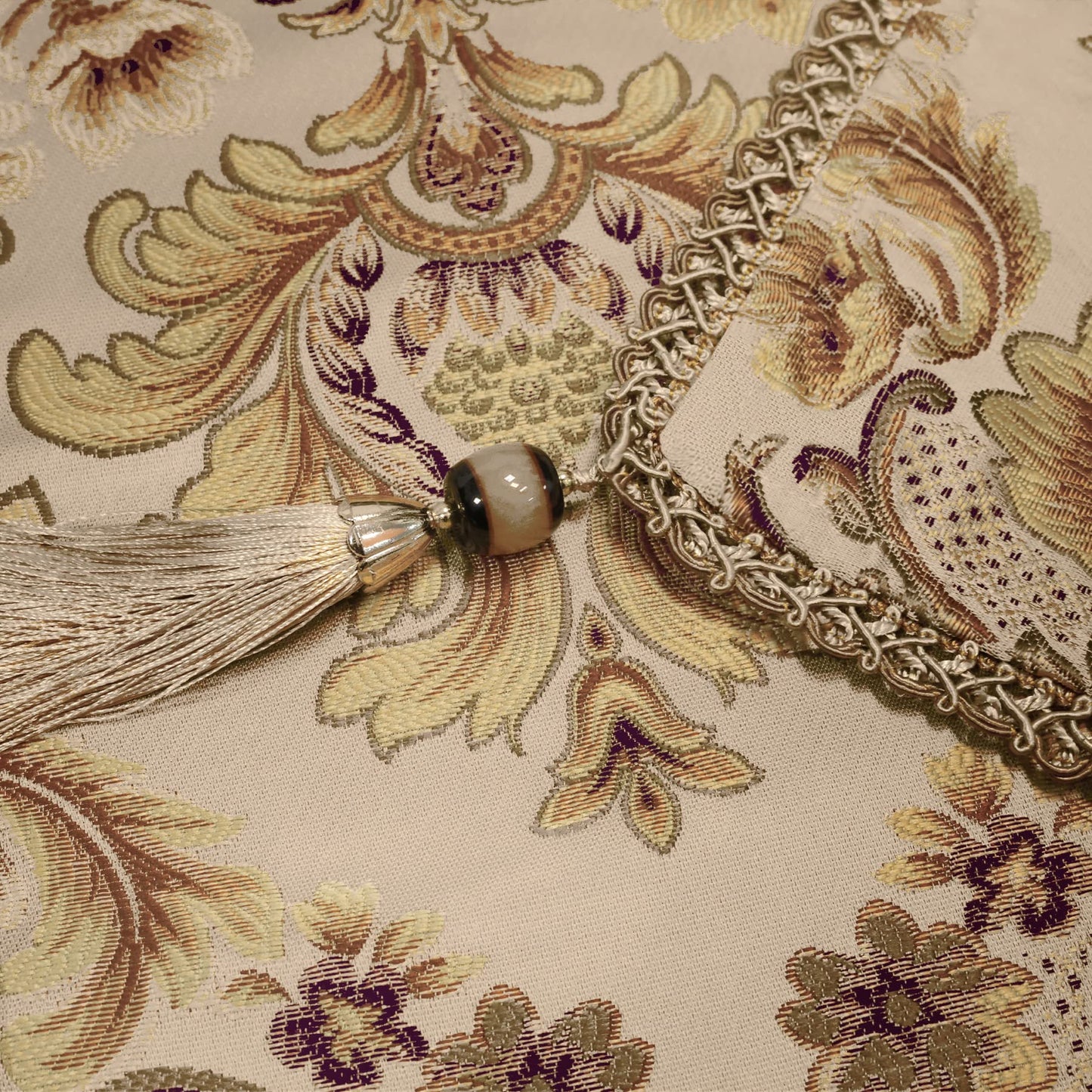 Loom and Mill Luxury Rectangle Tablecloth 60 x 120 Inches, Elegant Damask Golden Floral Waterproof Table Cover with Handmade Tassels for Dining Table Banquets Decorations(Beige, 60"x120")