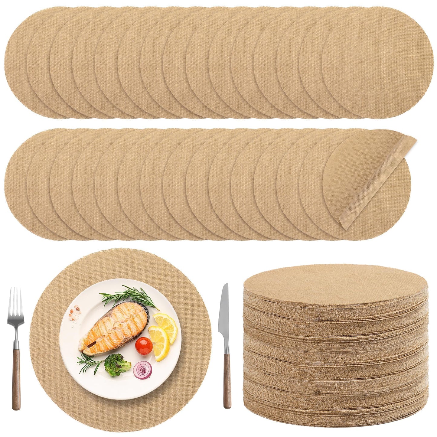 Kochorie 100 Pieces Burlap Placemats 11.8 Inch Round Reusable Brown Table Mats Natural Jute Fibers Placemats Bulk Circle Rustic Table Decorations for Dining Wedding Holiday Farmhouse Supplies