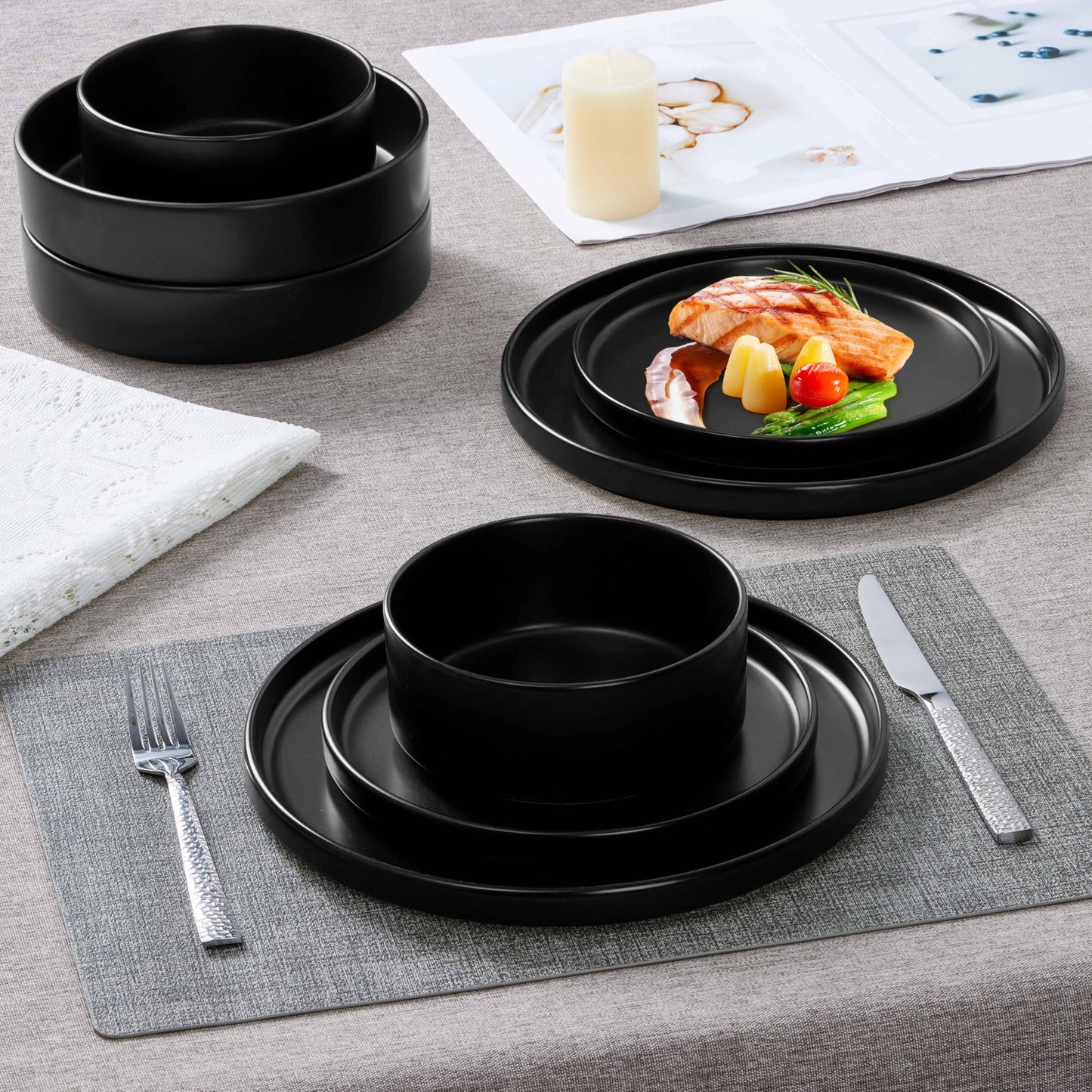 Herogo Dinnerware Sets with Pasta Bowls for 4, 16 Piece Dinner Salad Plates and Cereal Serving Bowls, Stoneware Dishes Dinner Ware for Home Kitchen, Chip & Scratch Resistant, Matte Black