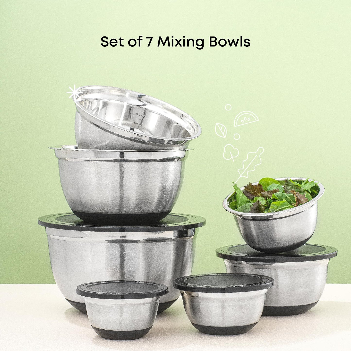 JoyJolt Stainless Steel Mixing Bowls with Airtight Lids, 7 Piece Nesting Bowls Set for Kitchen with Measurement Marks, Non-Slip Bottoms, Cooking, Baking, Prepping, Storage, 7/5/4/3/1.5/1/.75QT, Black