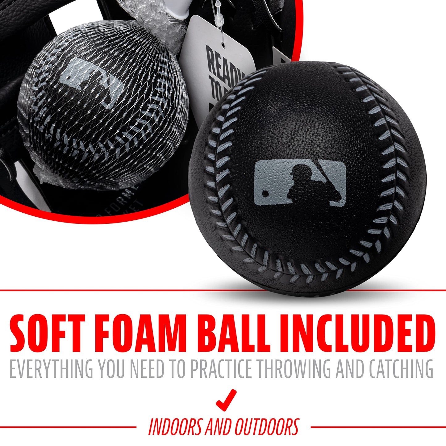 Franklin Sports Tee Ball Glove - RTP Fielding Glove - MLB® Synthetic Leather Baseball Glove - Ready to Play Glove (RTP) - 9.5 Inch Right Hand Throw - MLB® Black with Ball
