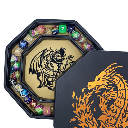 Fantasydice-Chromatic Dragon -with Roll or Die Artwork Dice Tray - 8" Octagon with Lid and Dice Staging Area- Holds 5 Sets of Dice(7 / Standard) for All Tabletop RPGs Like D&D , Call of Cthulhu