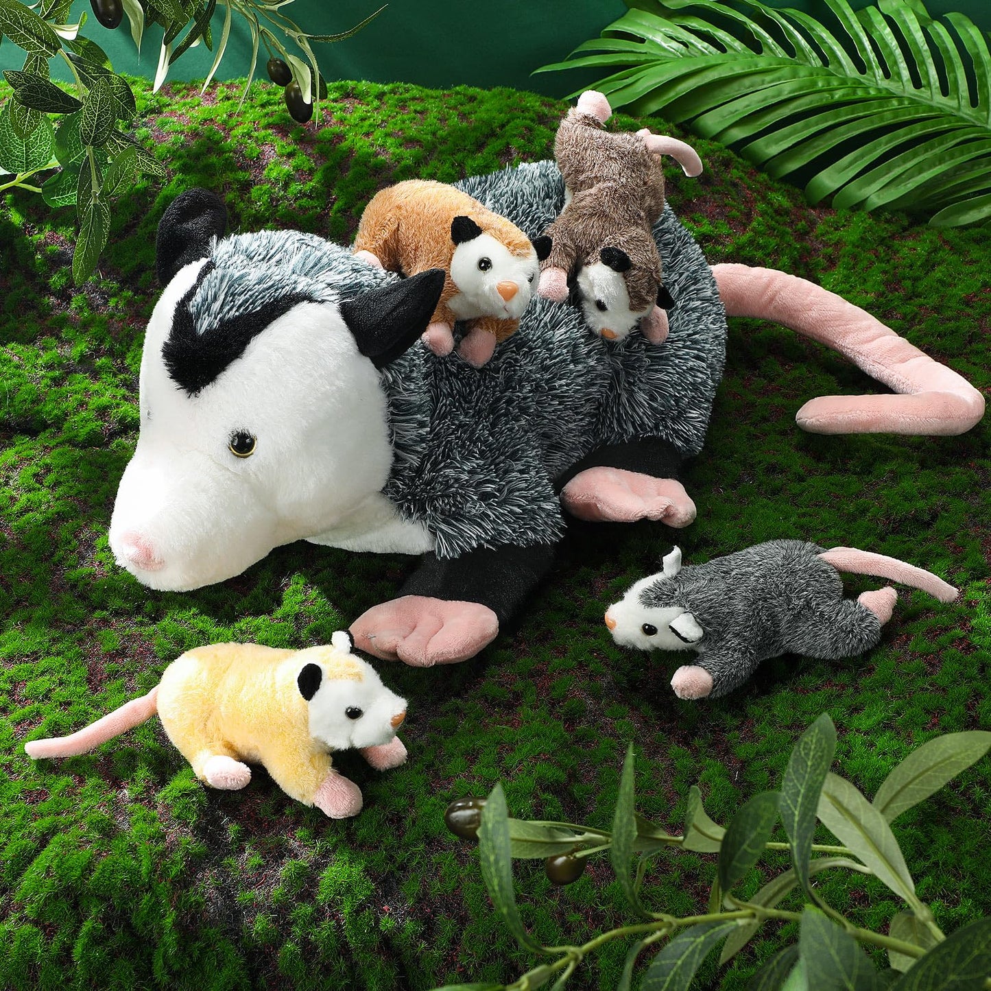 Hollowfly 5 Pcs Stuffed Opossum Mommy Possum Plush with 4 Baby Opossums Stuffed Toy on Her Back, Magnetic Attraction Cotton Plush Animal Toy Gift for Boys Girls Possum Lover(Classic)