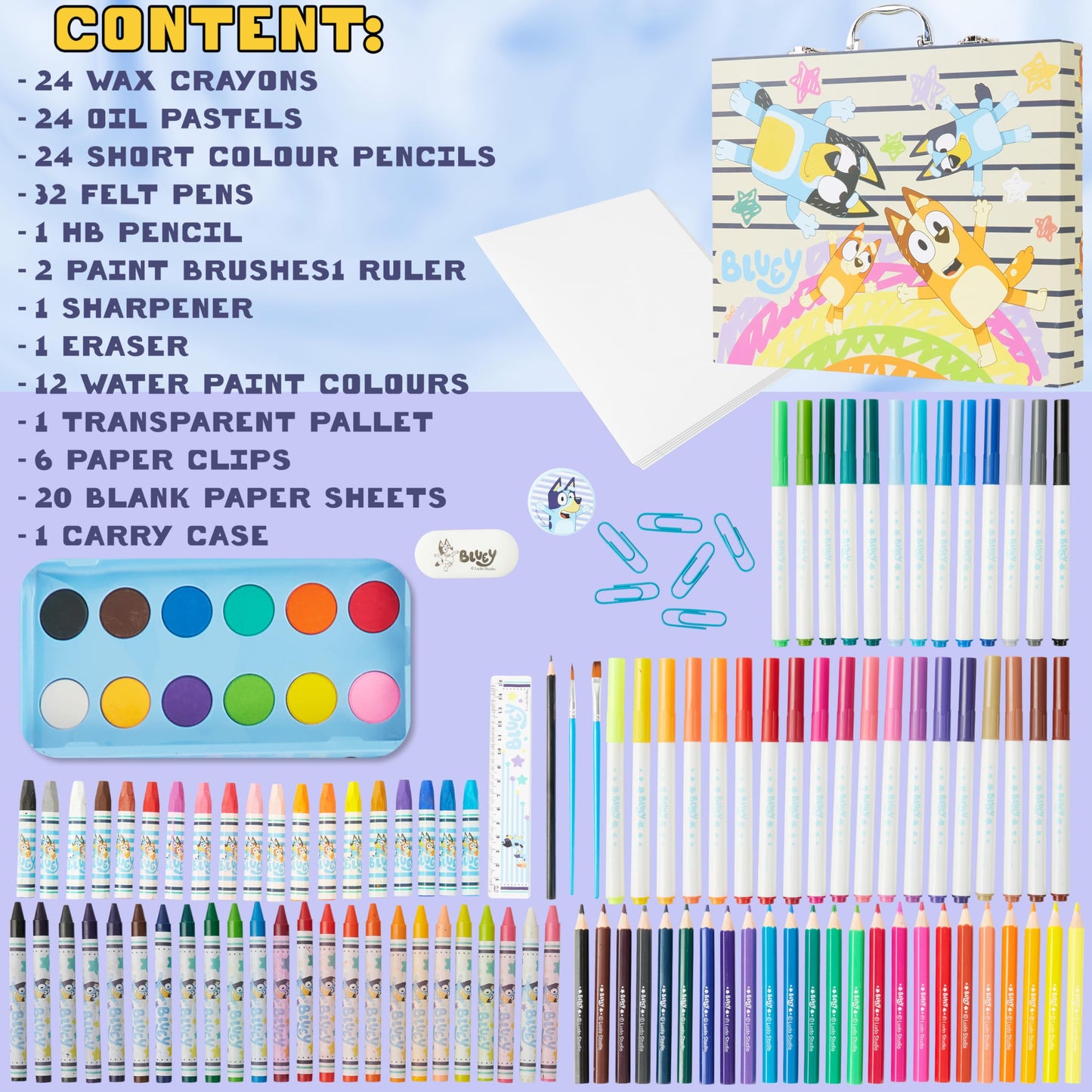 Bluey Art Set for Kids Colouring Pencils Paints Felt Tip Pens Crayons Stationery Crafts Girls Boys Art Supplies Preschool Travel 40 Plus Pcs Gift Set (Blue Case)