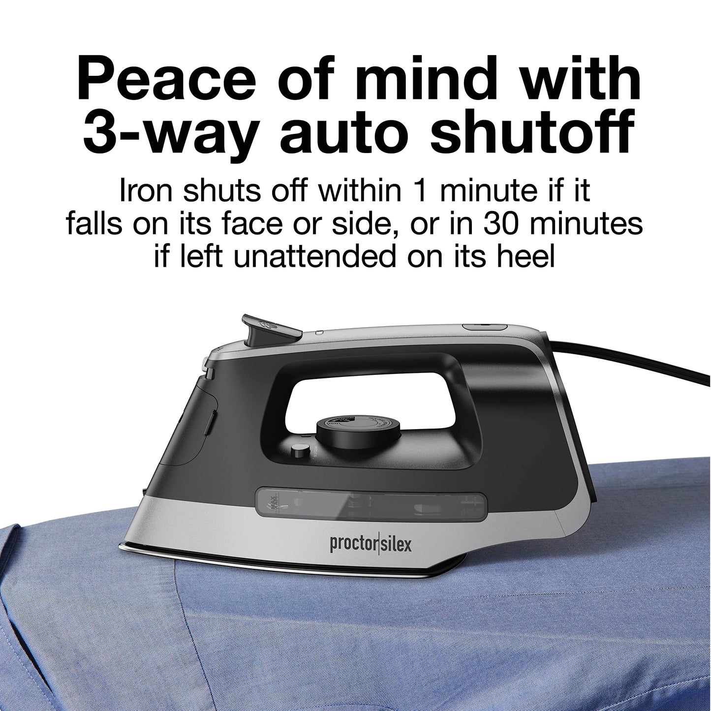Proctor Silex Steam Iron for Clothes with Durable Stainless Steel Soleplate, 1500 Watts, 8’ Retractable Cord, 3-Way Auto Shutoff, Anti-Drip, Gray and Black (14250)