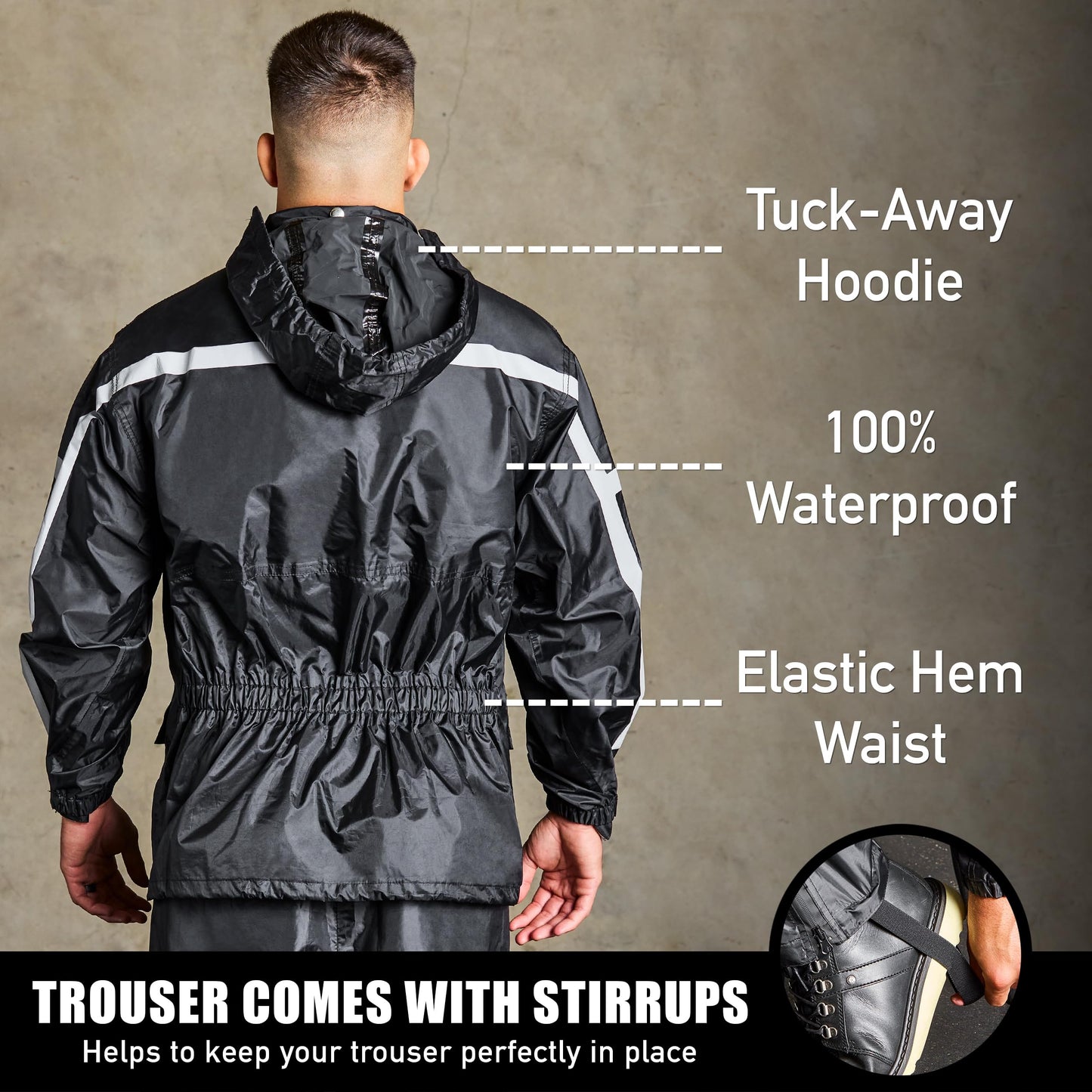 Waterproof Motorcycle Rain Suit, 2-Piece Reflective Gear, Lightweight Riding Jacket & Pants, Protective Raincoat with Hoodie (Black, XL-2XL)
