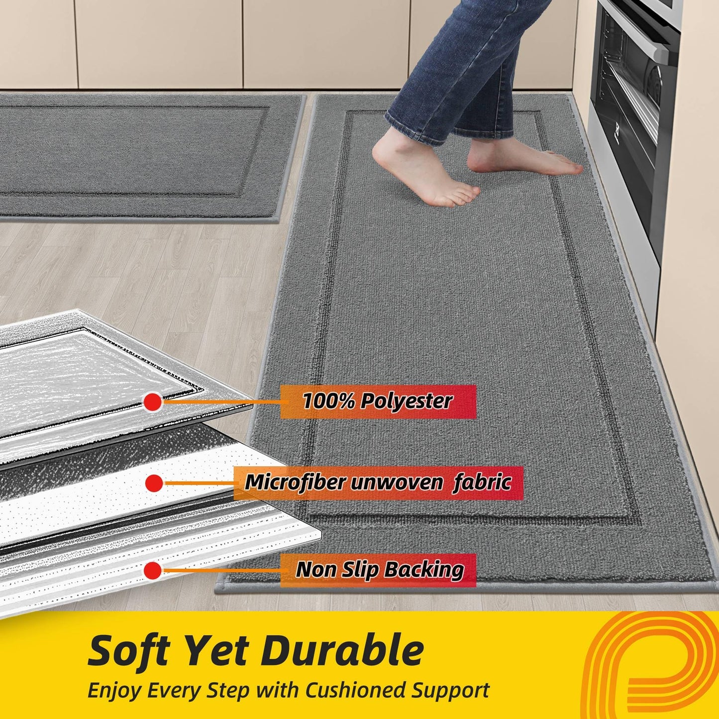 Non-Slip Kitchen Mats, Self Adhesive No Sliding Kitchen Rugs Set of 2, Soft Washable Absorbent Floor Rugs for Area Rug, Kitchen, Entrance, Bathroom, Laundry Room, Bedroom, 24”x36”+24”x60”, Light Grey