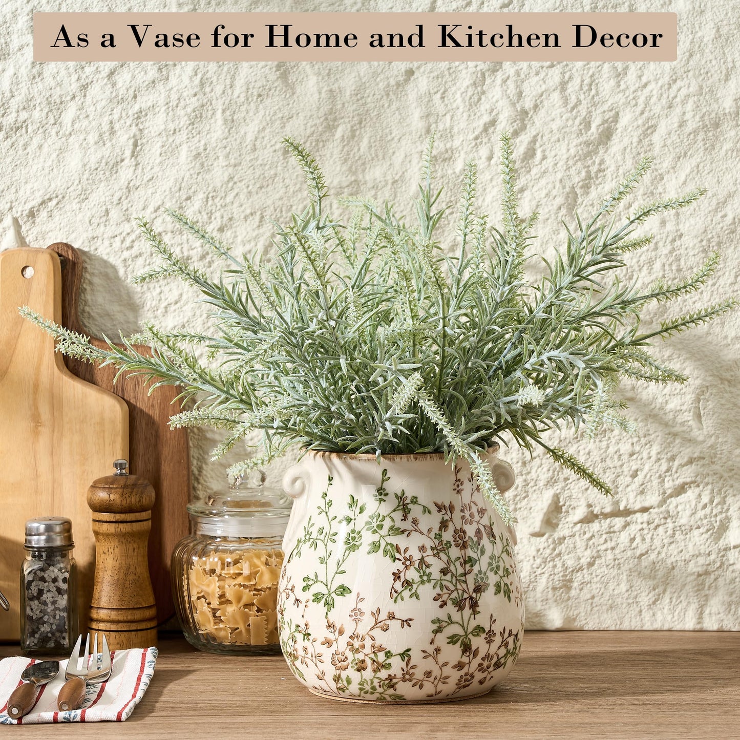 Jemirry Utensil Holder for Kitchen Counter, Modern Farmhouse Rustic Cooking Utensil Holder and Crock, Exquisite Chinoiserie Floral Ceramic Utensil Organizer for Home Kitchen Decor- Green and Beige