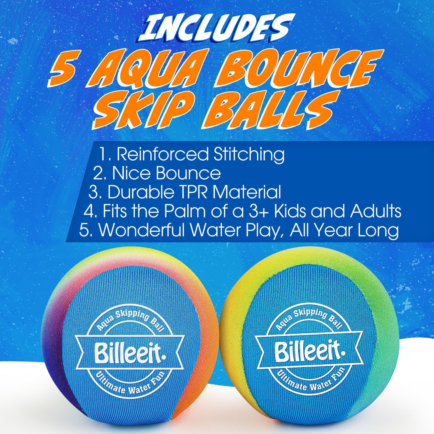 Billeeit 5Pcs Water Skipping Balls Set for Pool, Beach & Lake Play, Floating TPR Bounce Balls and Water Discs with Mesh Bag for Kids 3+ and Adults