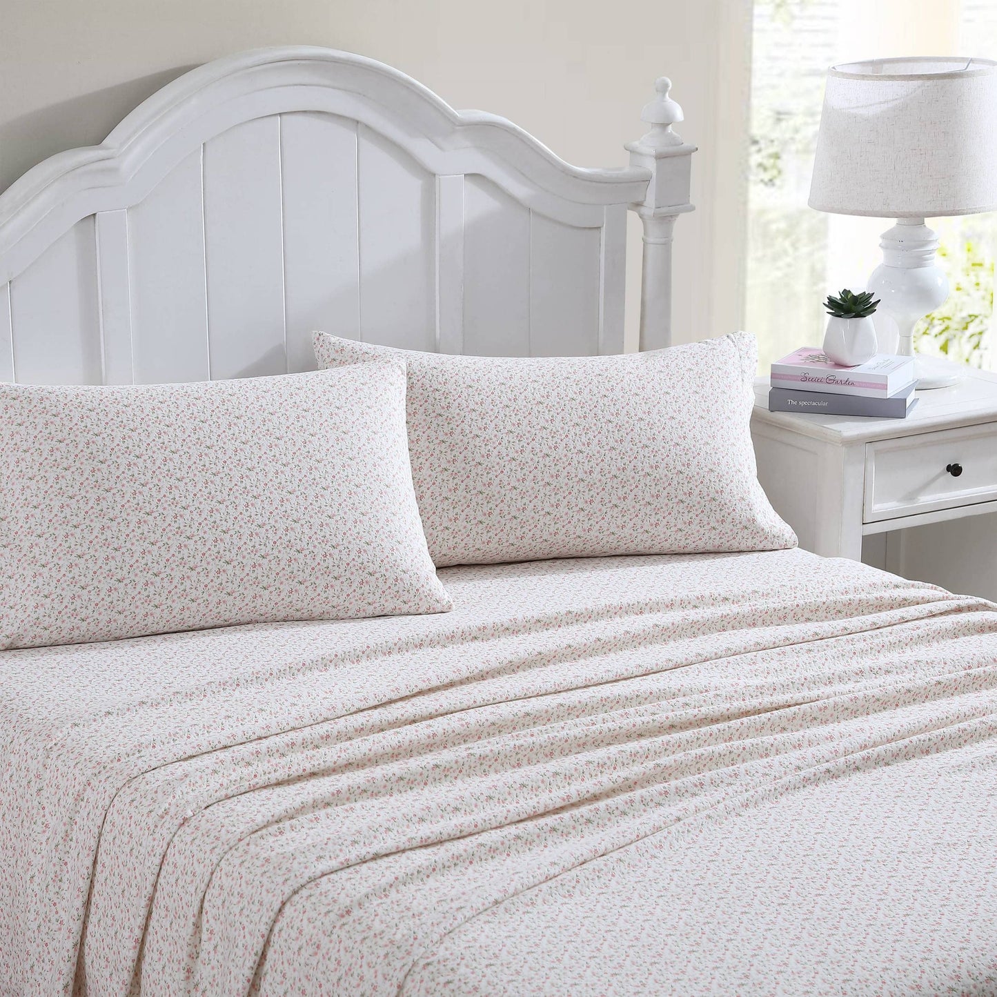 Laura Ashley Home - King Sheets, Cotton Flannel Bedding Set,4 pcs, Brushed for Extra Softness & Comfort (Evie Pink, King), Evie Pink/Green/White