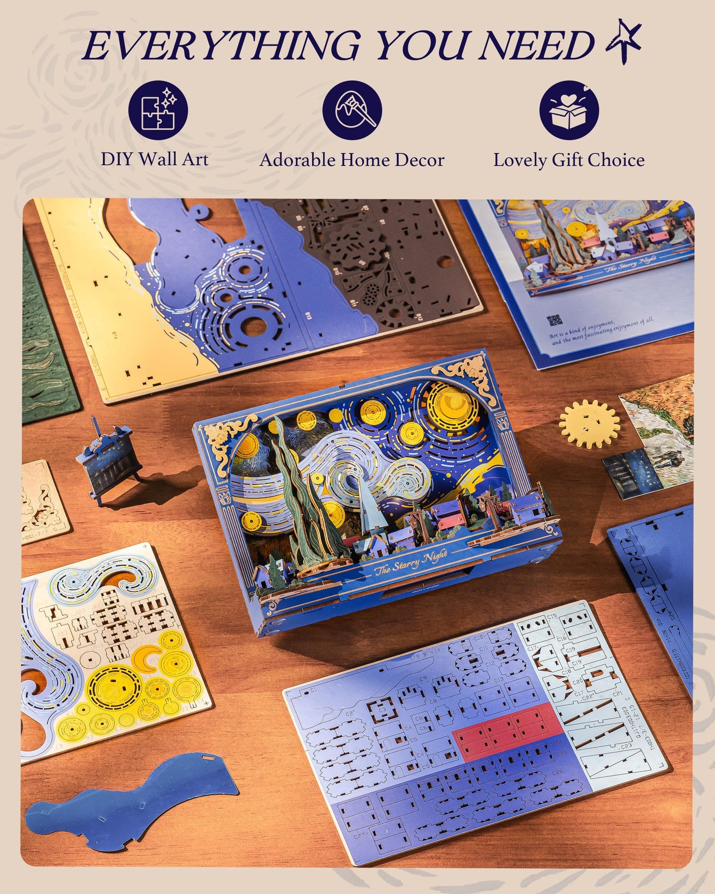Rowood Starry Night 3D Puzzle Building Set with LED,Wooden Vincent Van Gogh Painting Artwork Craft Kits for Adults,Home Decor Botanical Collection Gift on Christmas