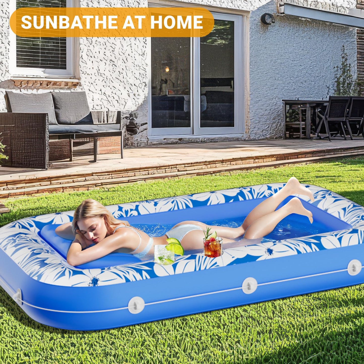 SplashNSpray Pool Floats Adult Inflatable Pool Float,70" x 46" Tanning Pool Sunbathing Lounger Floaties with Headrest & Cup Holder