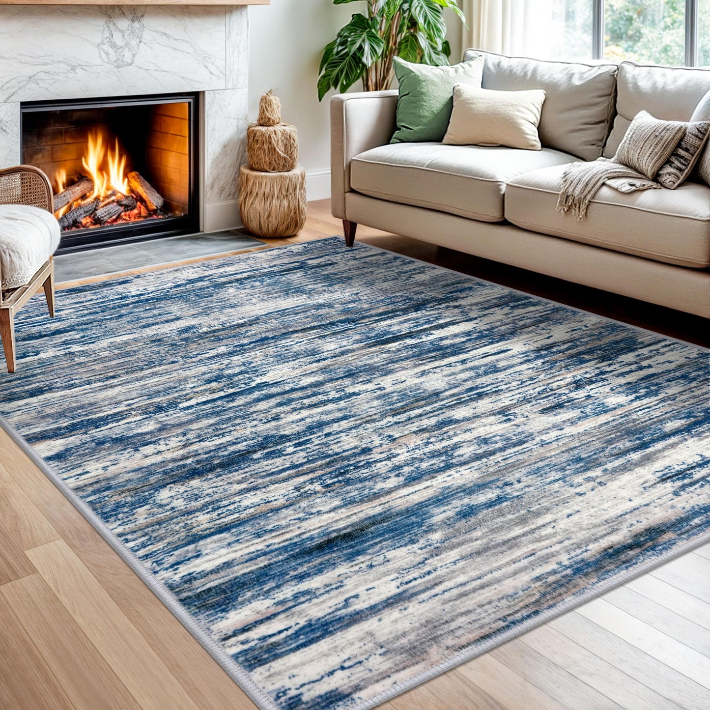 SIILOOM 5x7 Modern Abstract Area Rug for Bedroom, Navy Blue Gray Neutral Multi Large Super Soft Washable Rug with Non-Slip, Non-Shedding Rugs for Living Room, Indoor Door Mat for Home Décor
