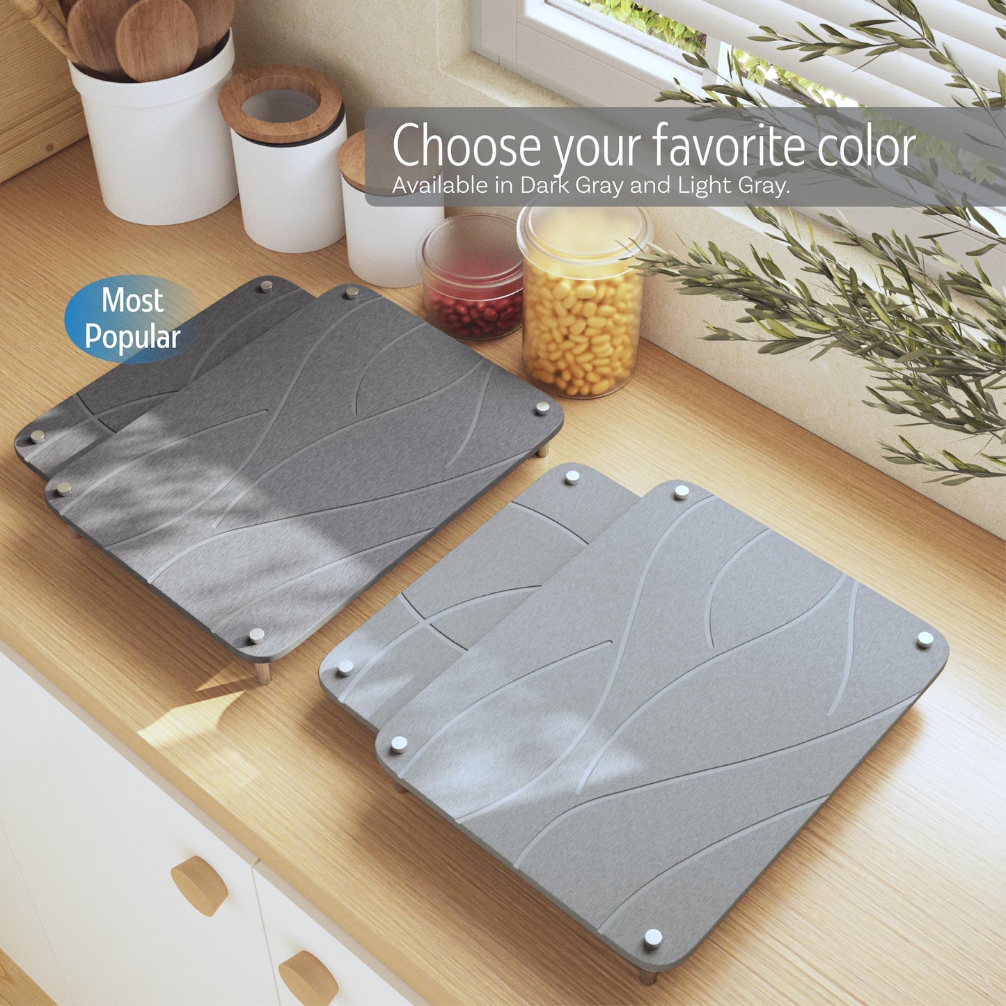 Nested Dish Drying Stone Mat with Bamboo Rack | 2 Pcs Diatomaceous Earth Stone Drying Mats for Kitchen Counter with Non-Slip Feet | Collapsible Large Drying Stone for Dishes (Dark Gray)
