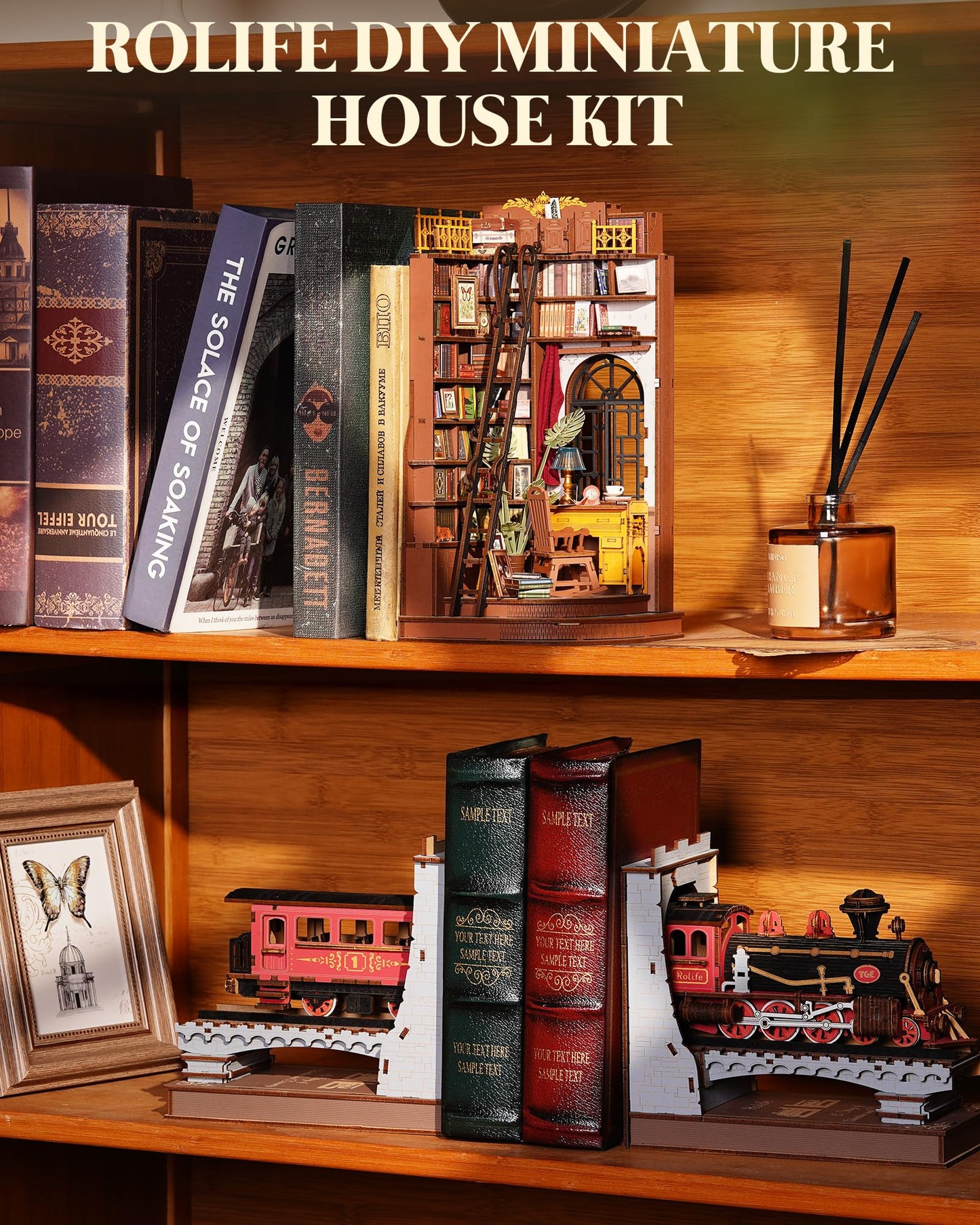 Rolife DIY Book Nook Kits for Adults, Miniature Dollhouse Booknook Kit, 3D Wooden Puzzle Creative Decorative Bookends Bookshelf Diorama Insert Crafts Hobbies Gifts (Silent Corner Study)