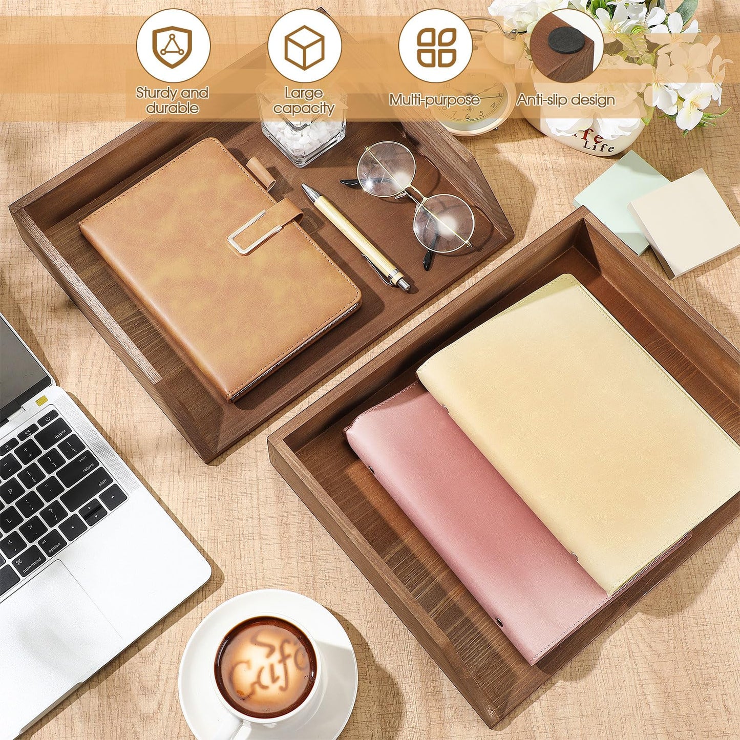 Beeveer 2 Pcs Dark Wood Letter Tray Wooden Desk Paper Organizer 2 Tier Stackable Load Documents Desktop Tray Drawer File Folder Magazine Office Accessories for Home Office Back to School