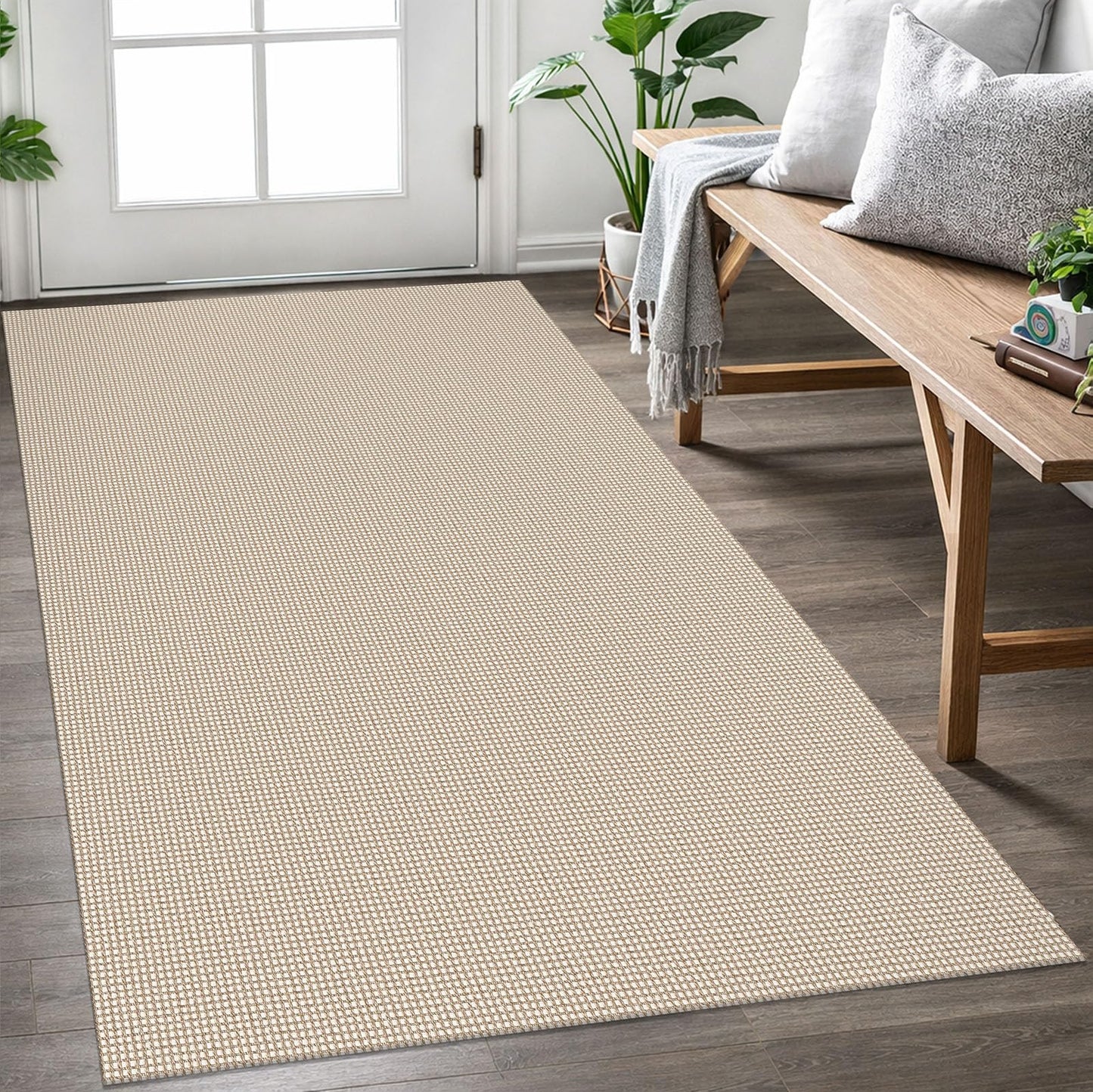 EARTHALL Woven Area Rug 3x5 Ft Washable Rugs for Entryway Braided Non Slip Rubber Backed Throw Rugs Door Mat Indoor Outdoor Entrance Cotton Carpet for Kitchen Foyer Front Door, Beige/Ivory